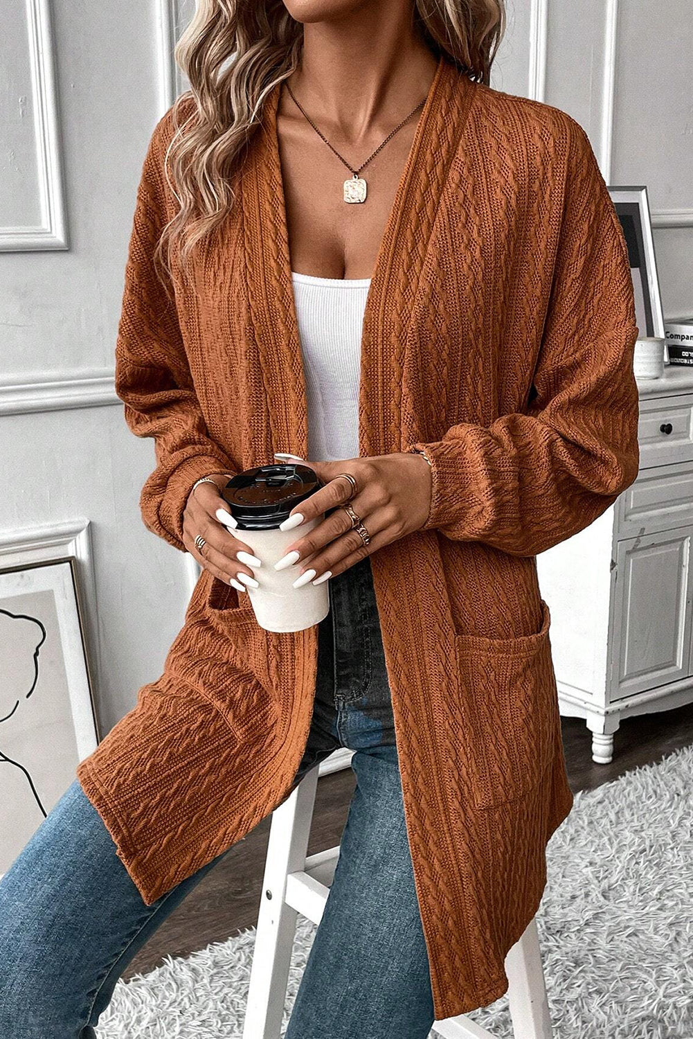 Black Textured Knit Side Pockets Open Front Cardigan