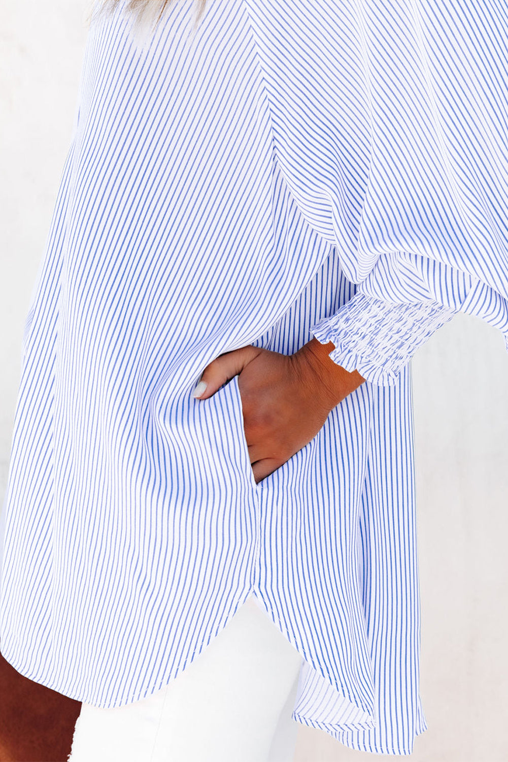 Sky Blue Smocked Cuffed Striped Boyfriend Shirt with Pocket