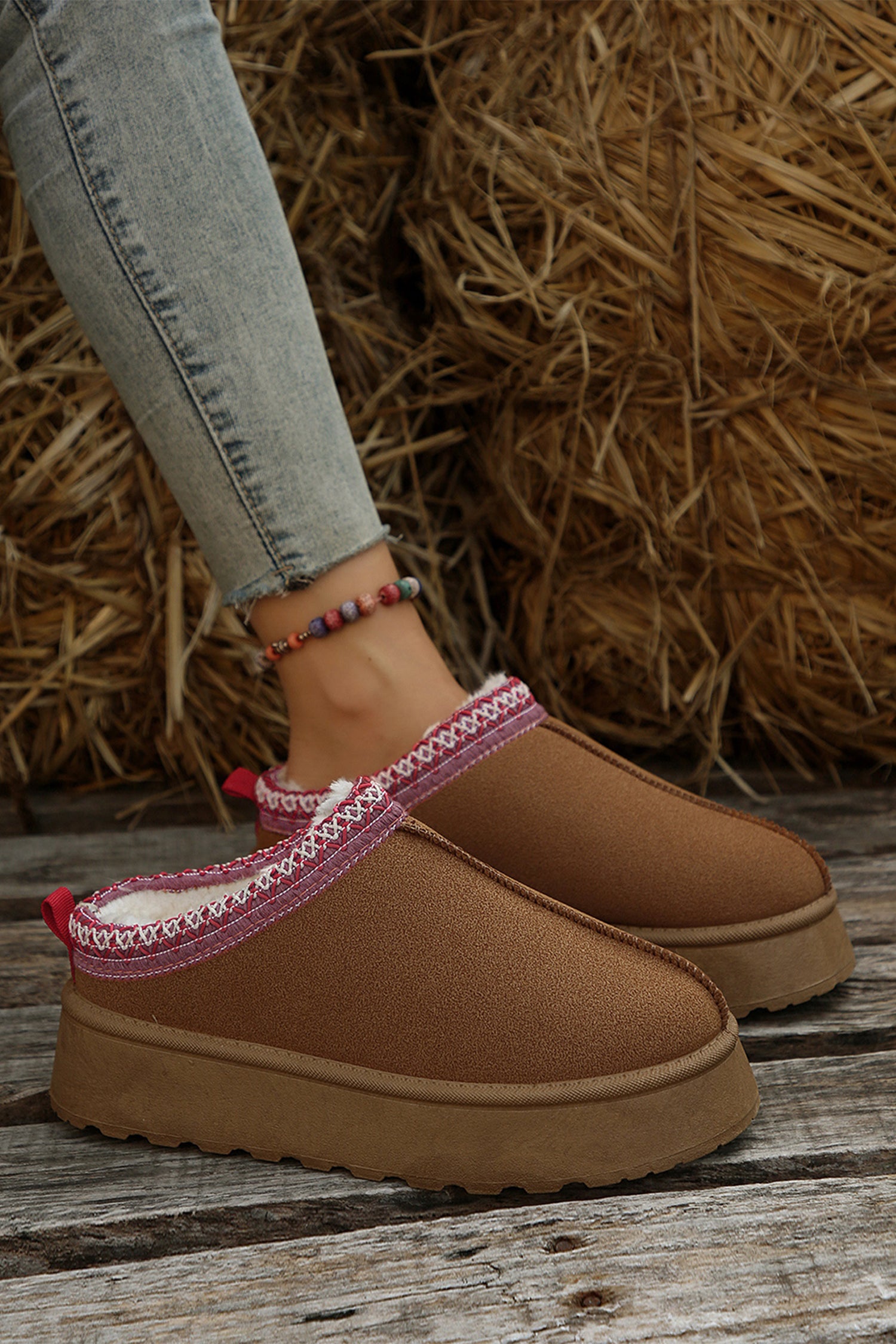 Chestnut Contrast Print Suede Plush Lined Snow Boots - Glimmer Road 