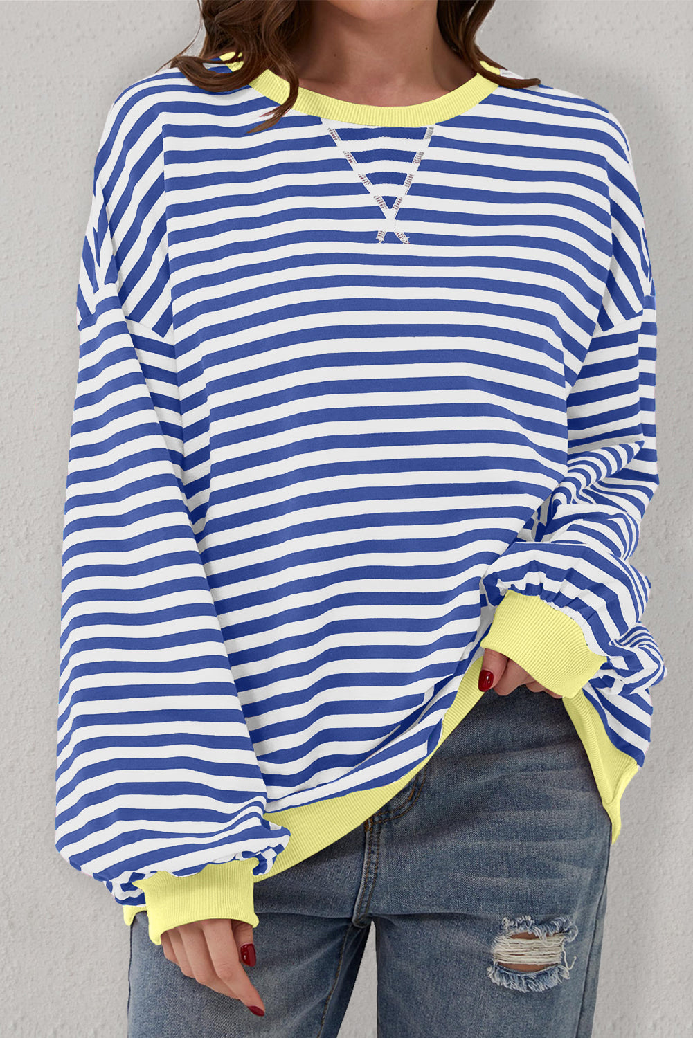 Blue Stripe Oversized Contrast Trim Pullover Sweatshirt - Glimmer Road 