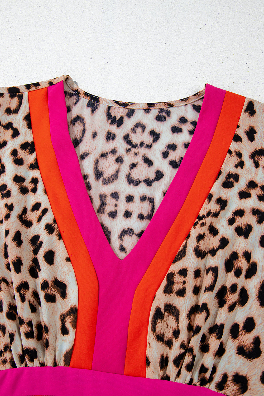 Khaki Cheetah Color Block V Neck Balloon Sleeve Babydoll Blouse - Glimmer Road 