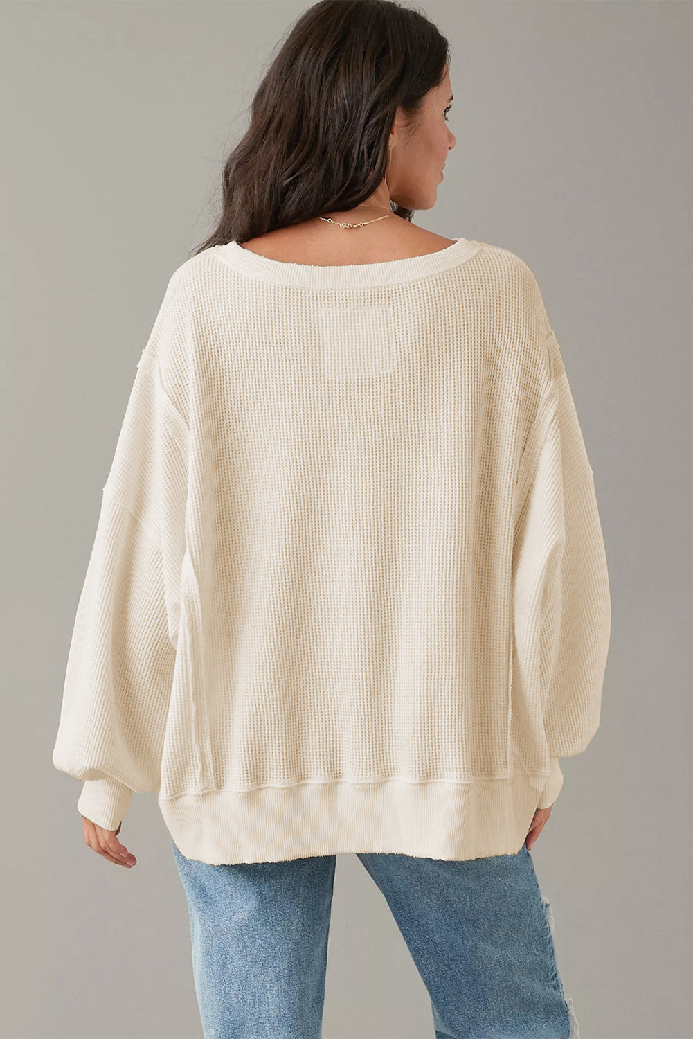 White Waffle Knit Bishop Sleeve Split Oversized Sweatshirt - Glimmer Road 