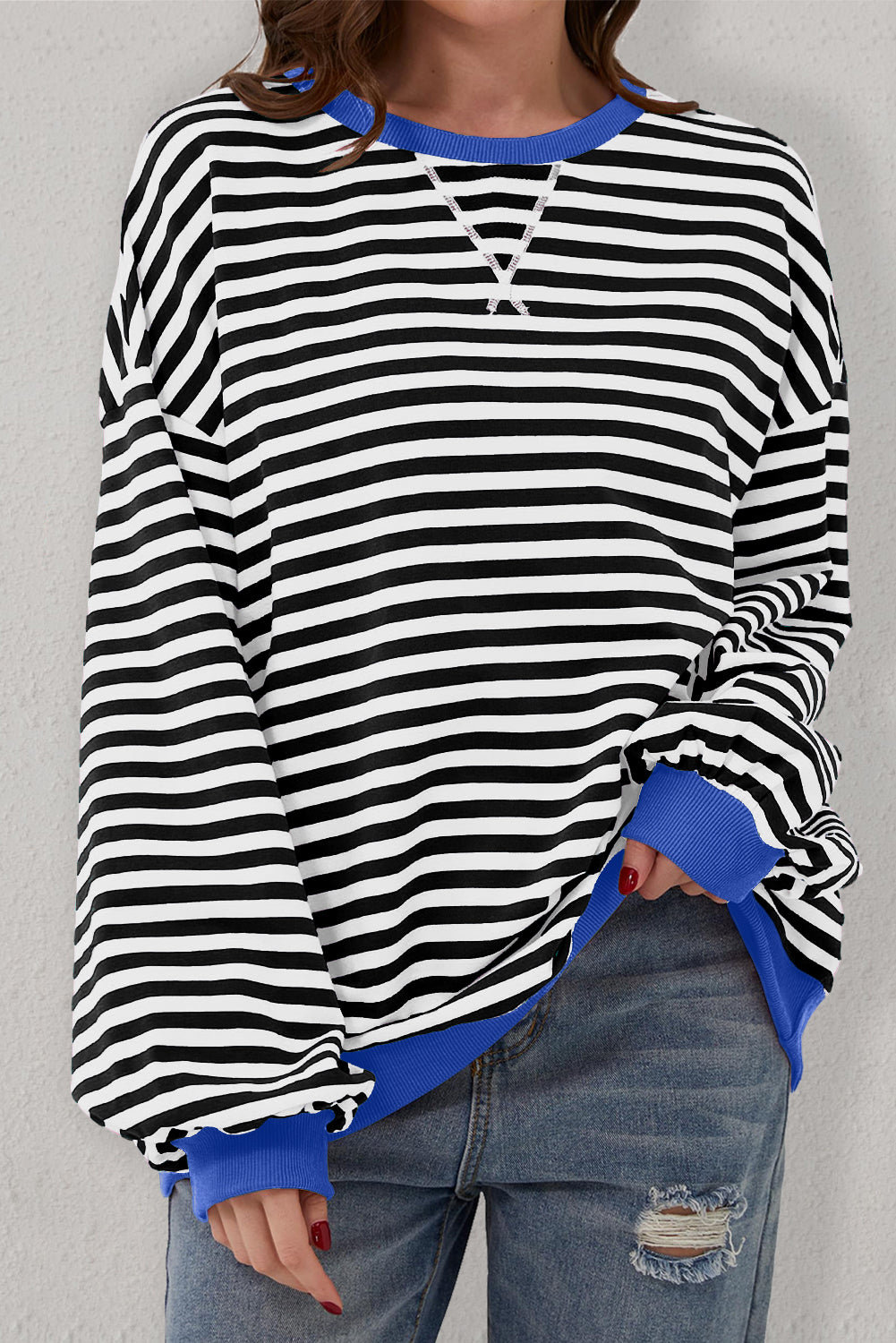 Black Stripe Oversized Contrast Trim Pullover Sweatshirt - Glimmer Road 