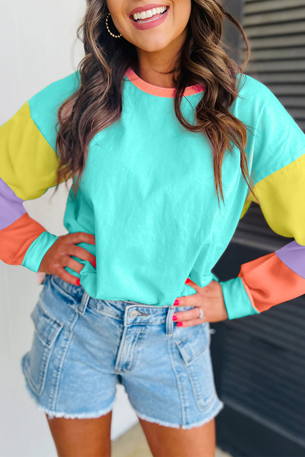 Light Blue Colorblock Patchwork Long Sleeve Loose Top - Glimmer Road 