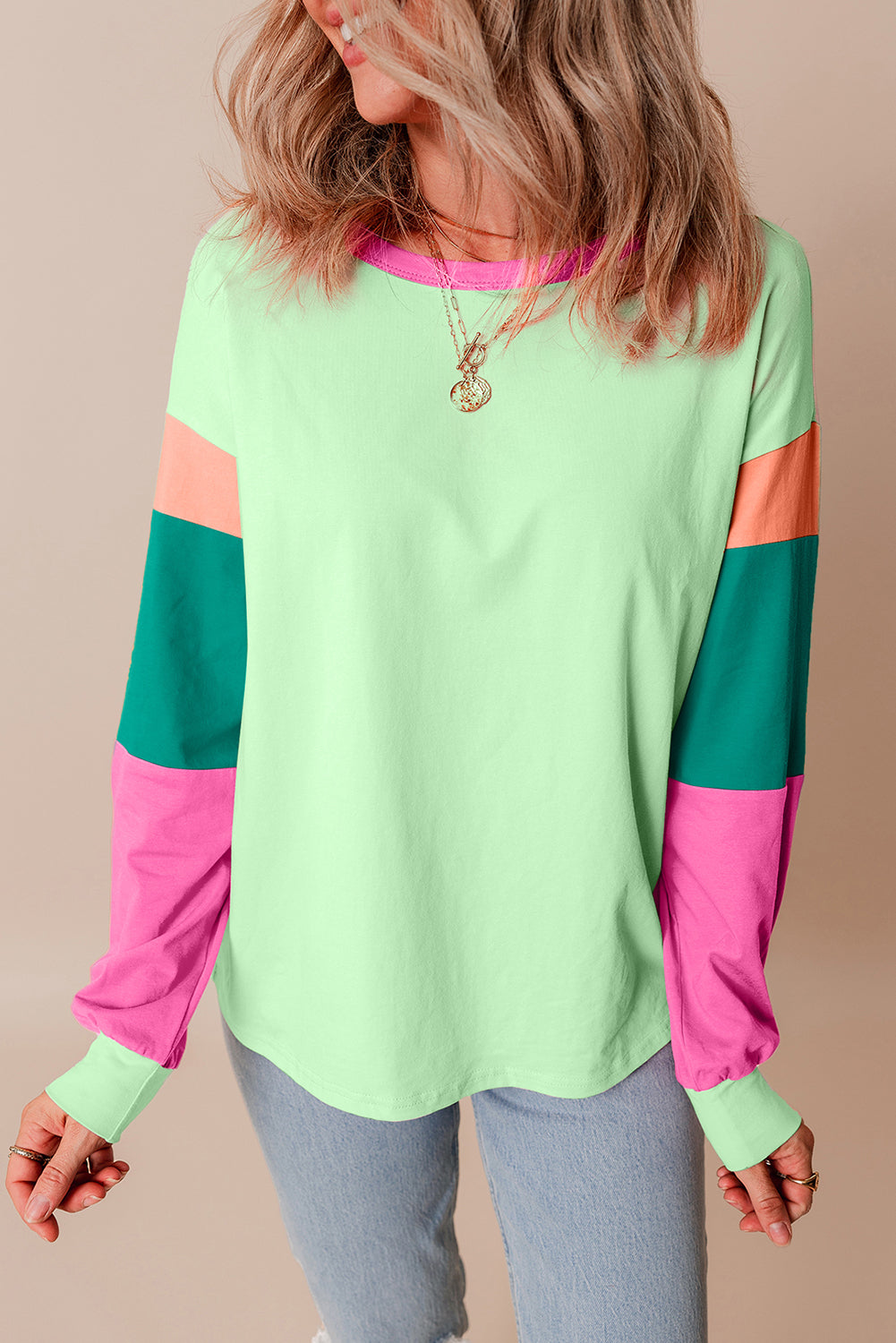 Green Colorblock Patchwork Long Sleeve Loose Top - Glimmer Road 