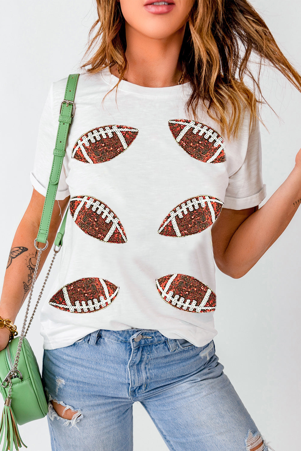 White Sequined Rugby Football Graphic Cotton T Shirt - Glimmer Road 