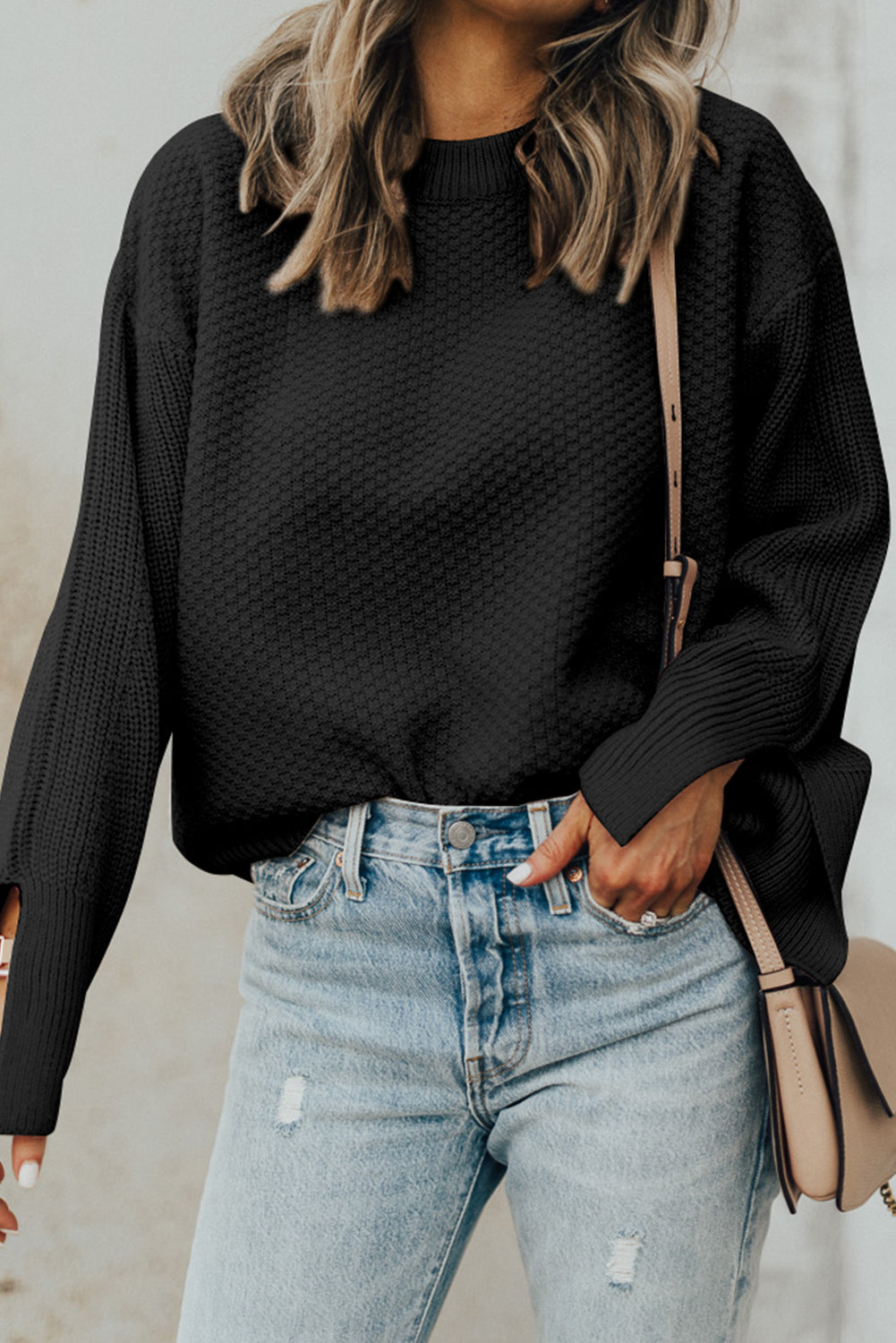 Black Solid Textured Knit Split Cuff Drop Shoulder Loose Sweater - Glimmer Road 