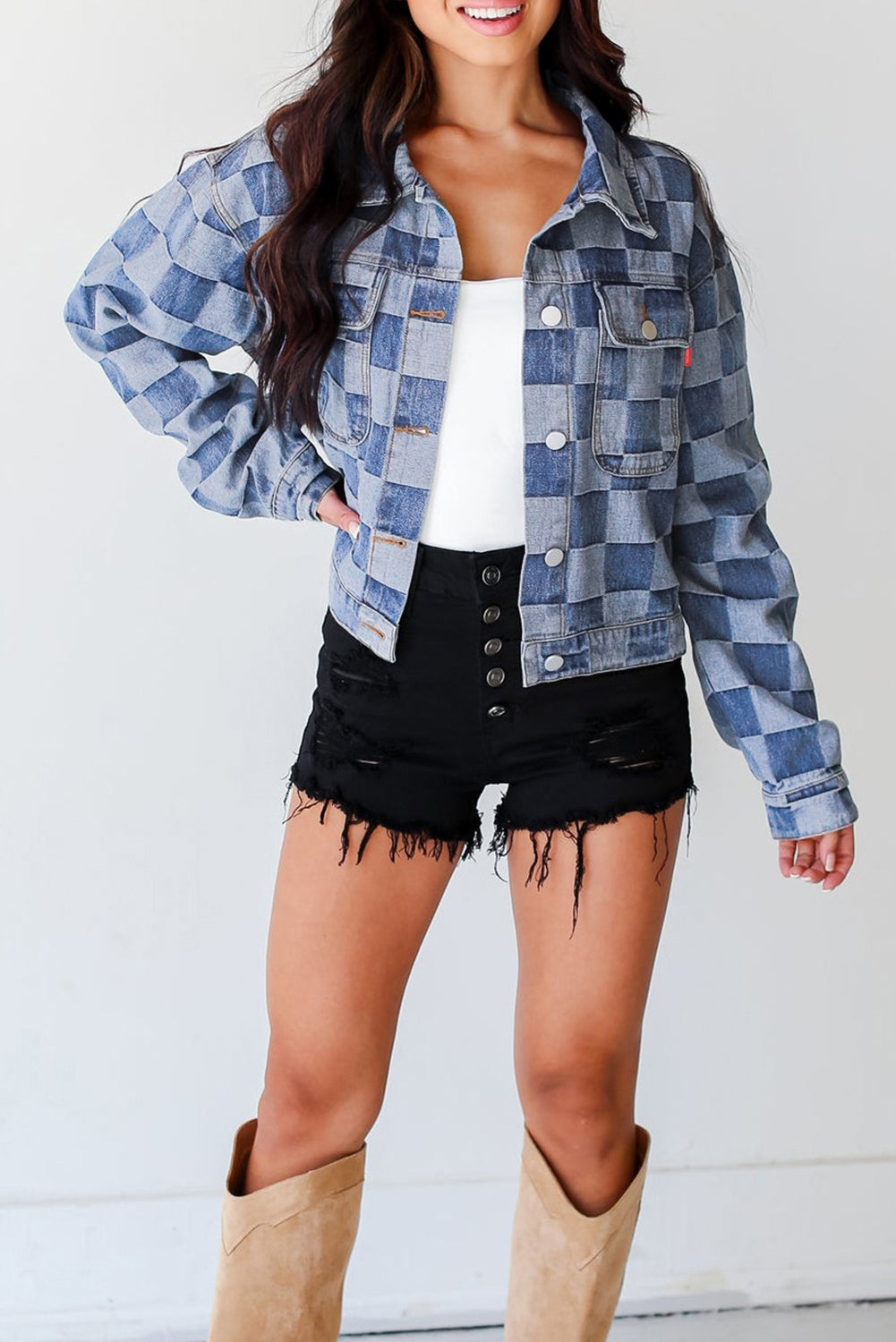 Light Blue Checkered Patchwork Button up Denim Jacket - Glimmer Road 