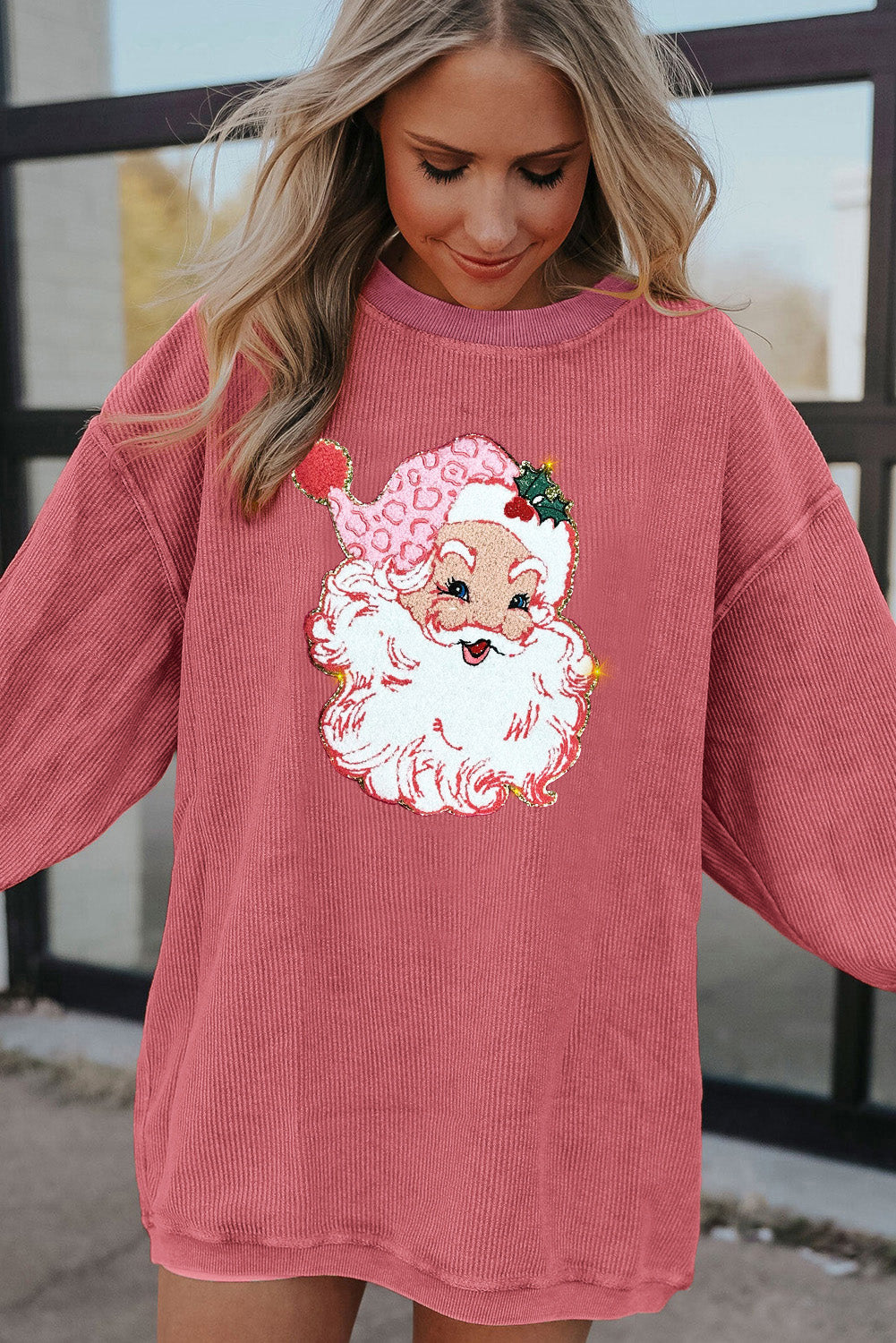 Strawberry Pink Santa Claus Sparkle Corded Crew Neck Sweatshirt - Glimmer Road 