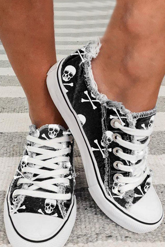 Black Skull Print Lace-up Canvas Sneakers - Glimmer Road 