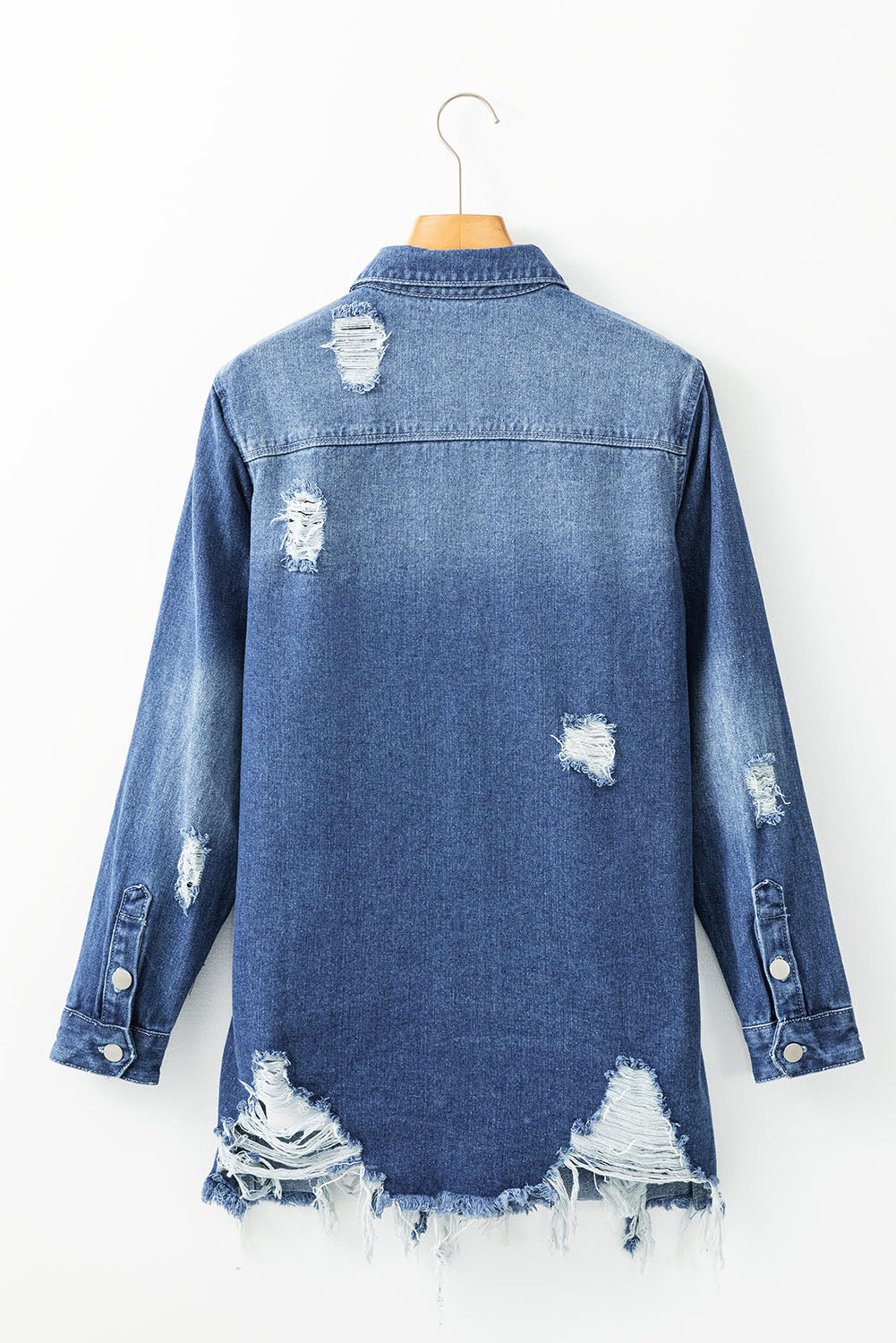 Sky Blue Mineral Wash Distressed Frayed Long Denim Jacket - Glimmer Road 