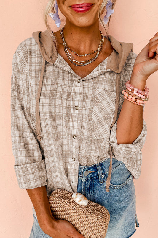 Khaki Checkered Print Loose Fit Buttoned Hooded Shacket - Glimmer Road 