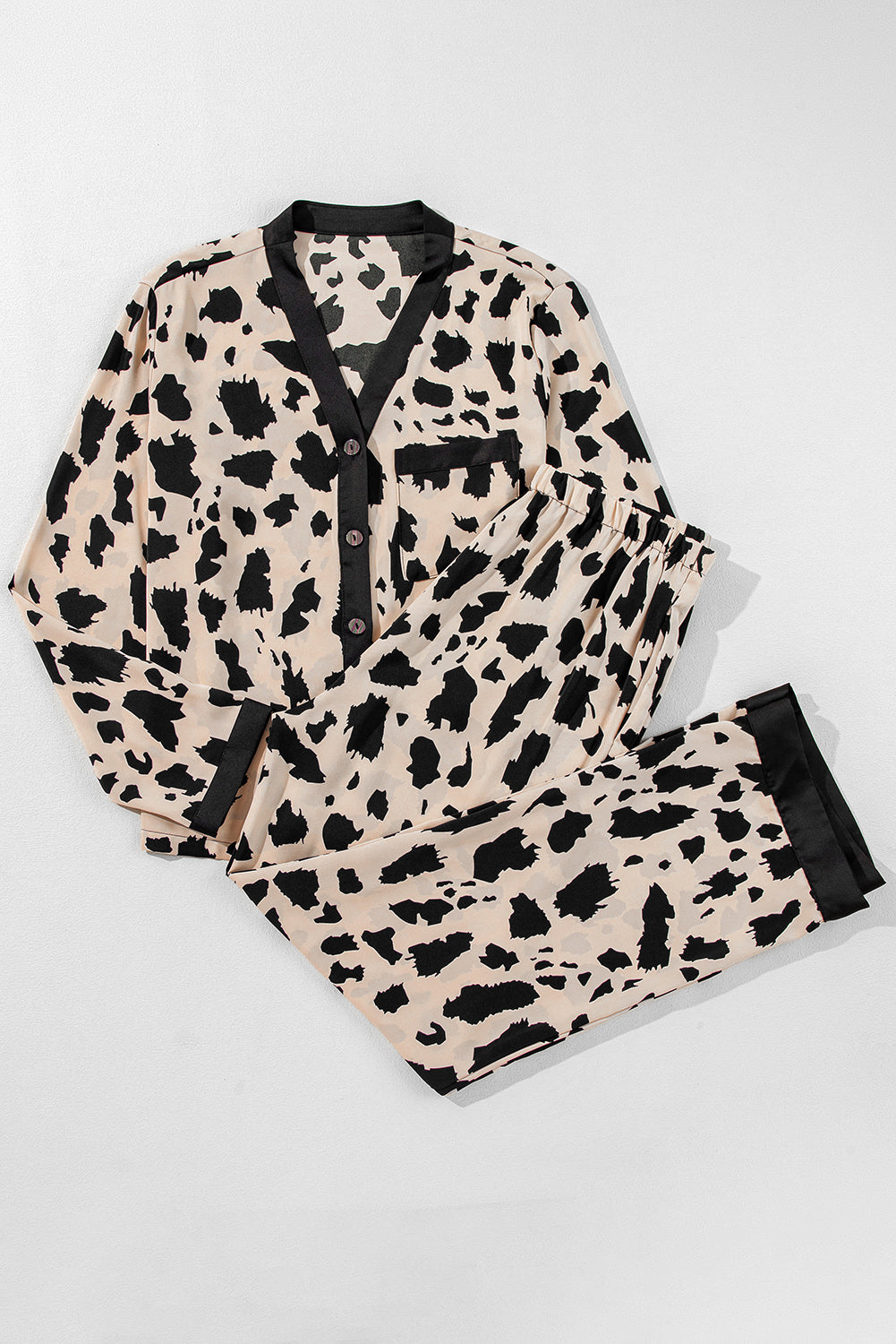 Khaki Cheetah Contrast Trim Loose Fit Two Piece Sleepwear - Glimmer Road 