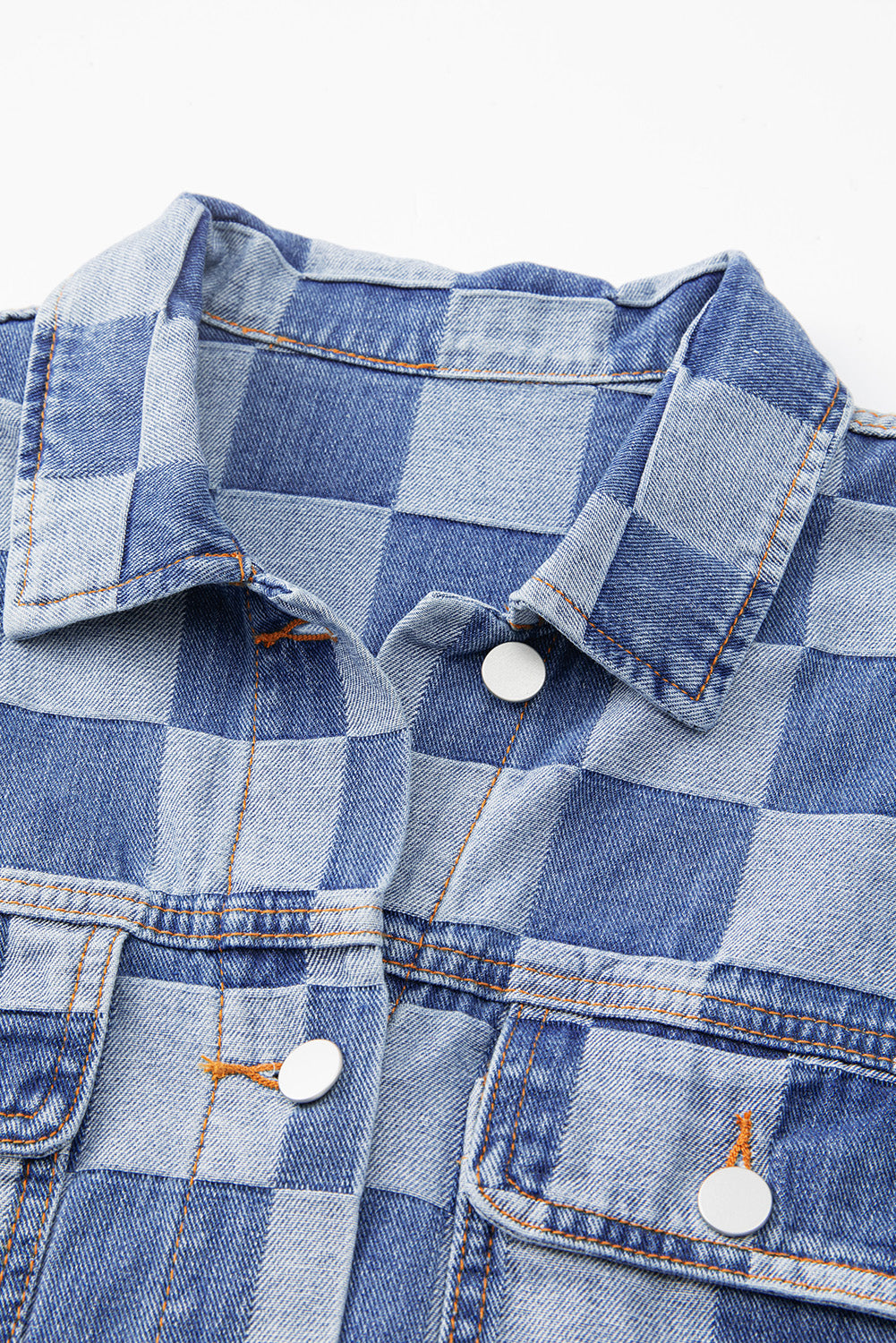 Light Blue Checkered Patchwork Button up Denim Jacket - Glimmer Road 
