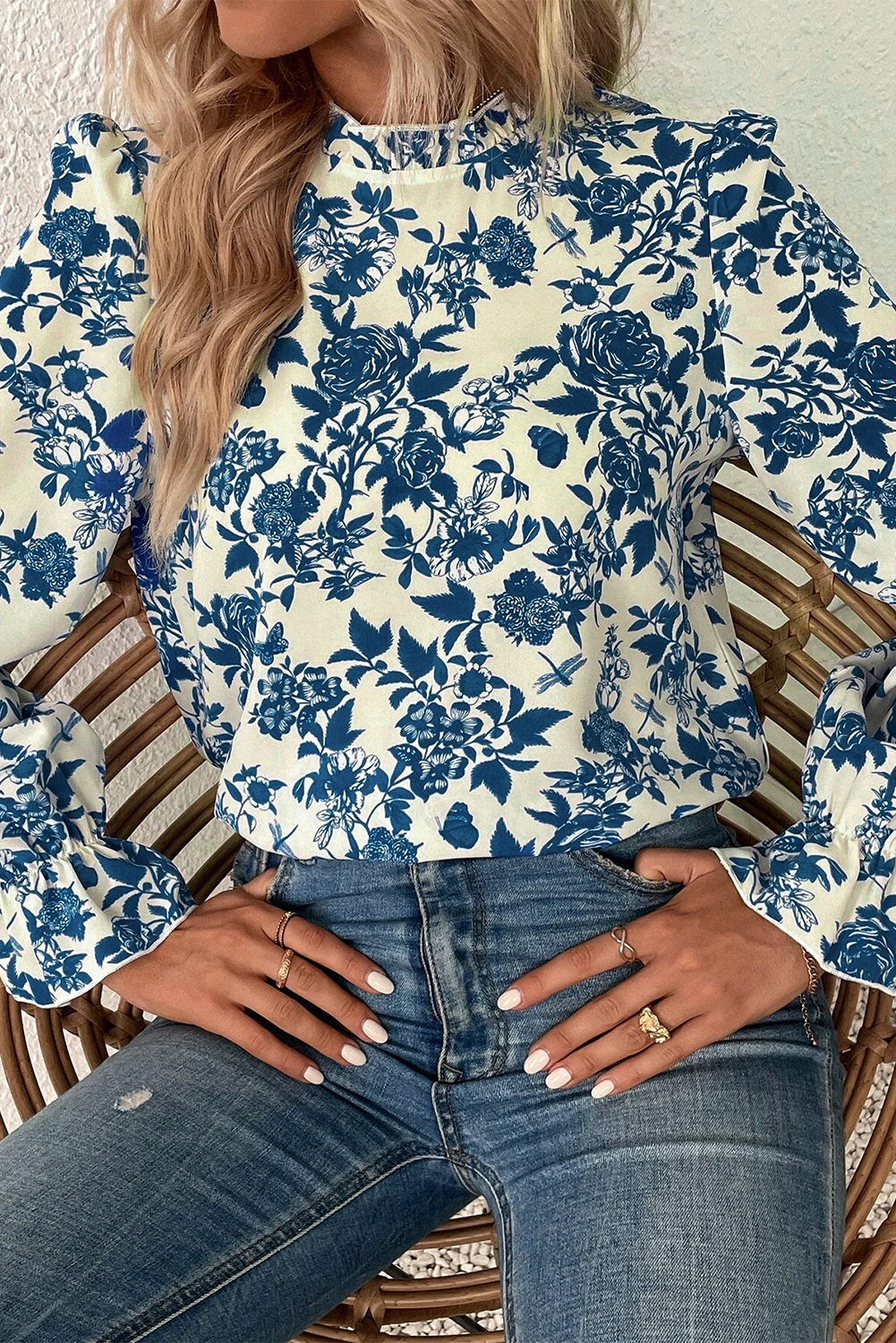 Sky Blue Floral Print Flounce Sleeve Keyhole Back Blouse - Glimmer Road 