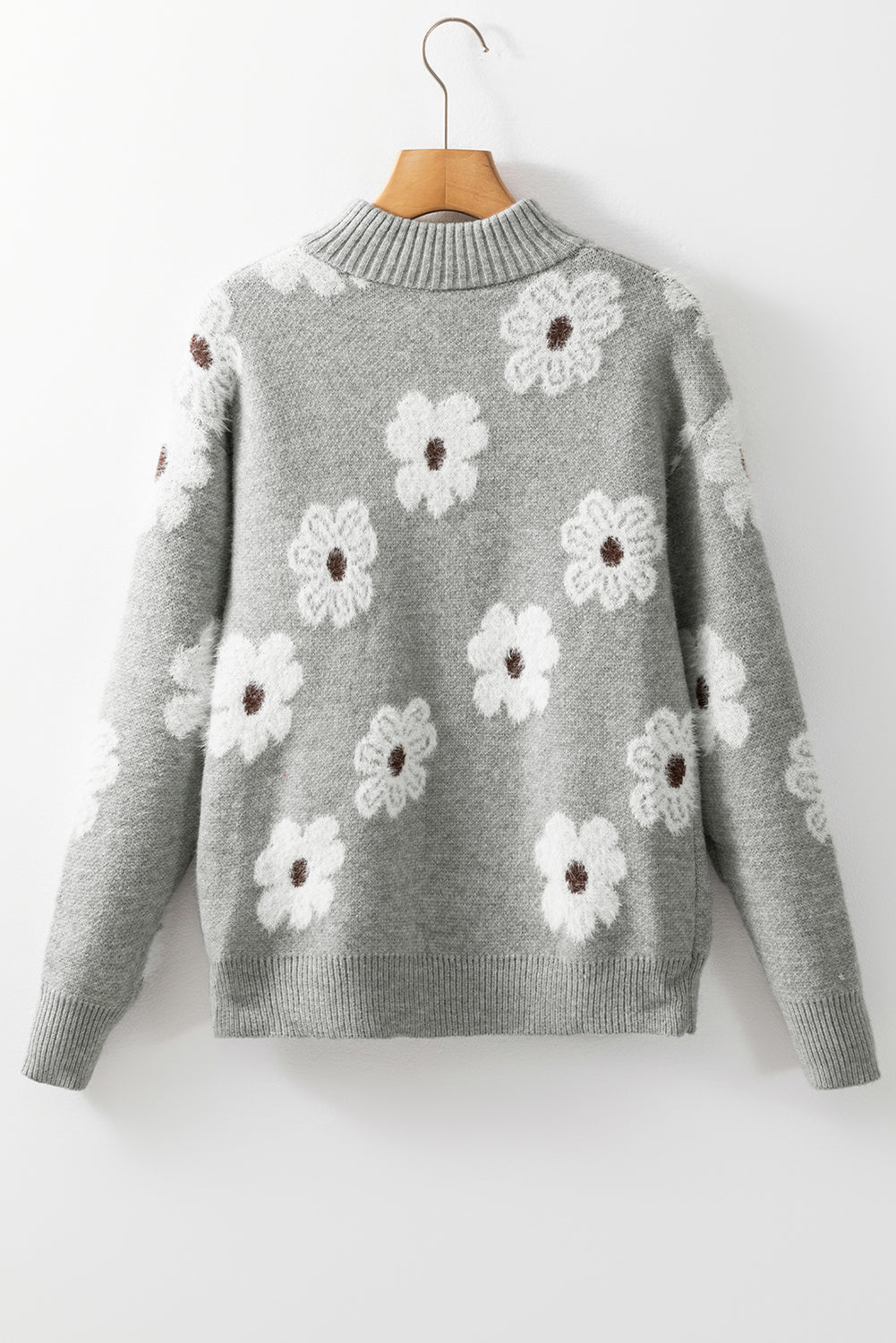 Gray Floral Pattern Half Zip Drop Shoulder Sweater - Glimmer Road 