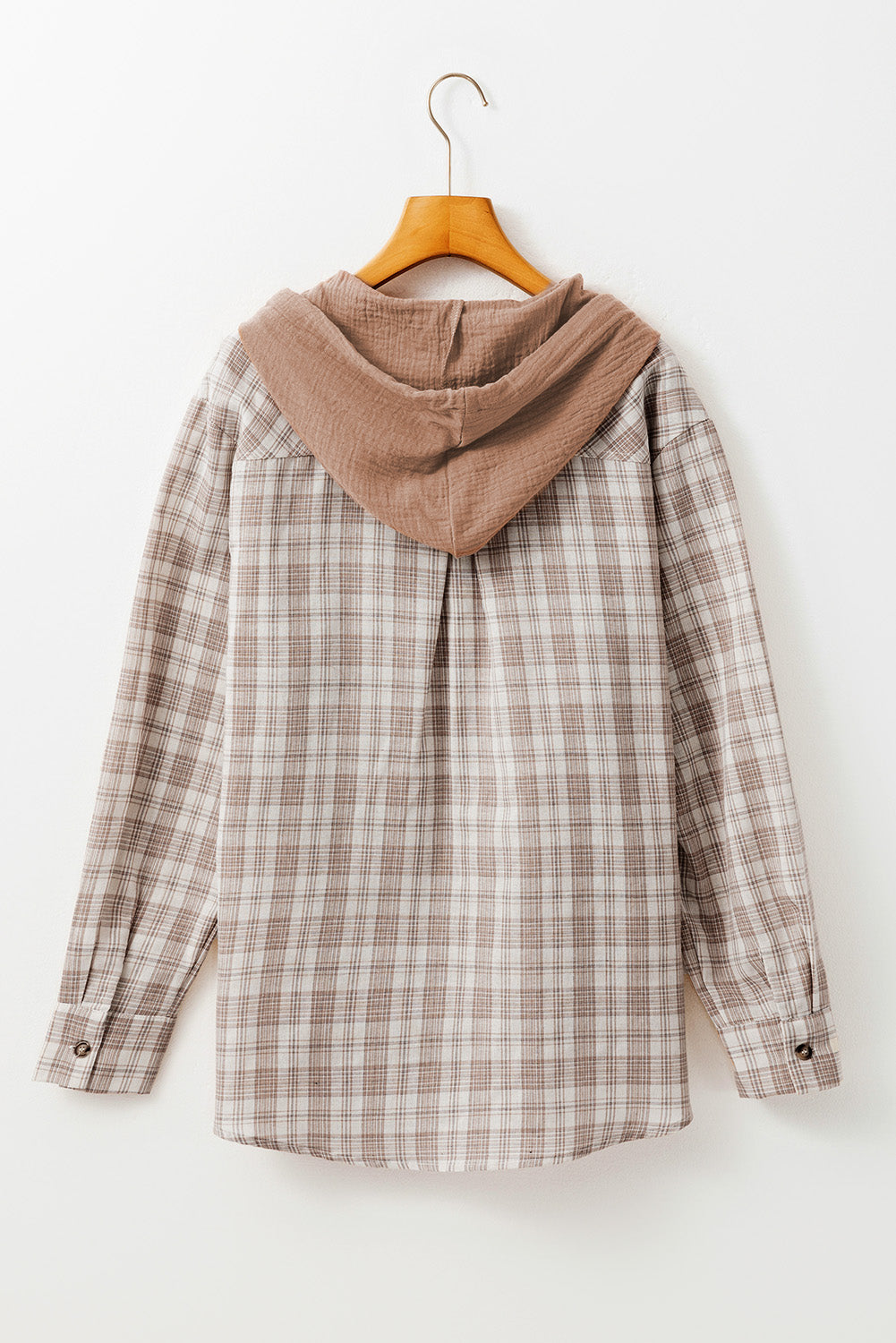 Khaki Checkered Print Loose Fit Buttoned Hooded Shacket - Glimmer Road 