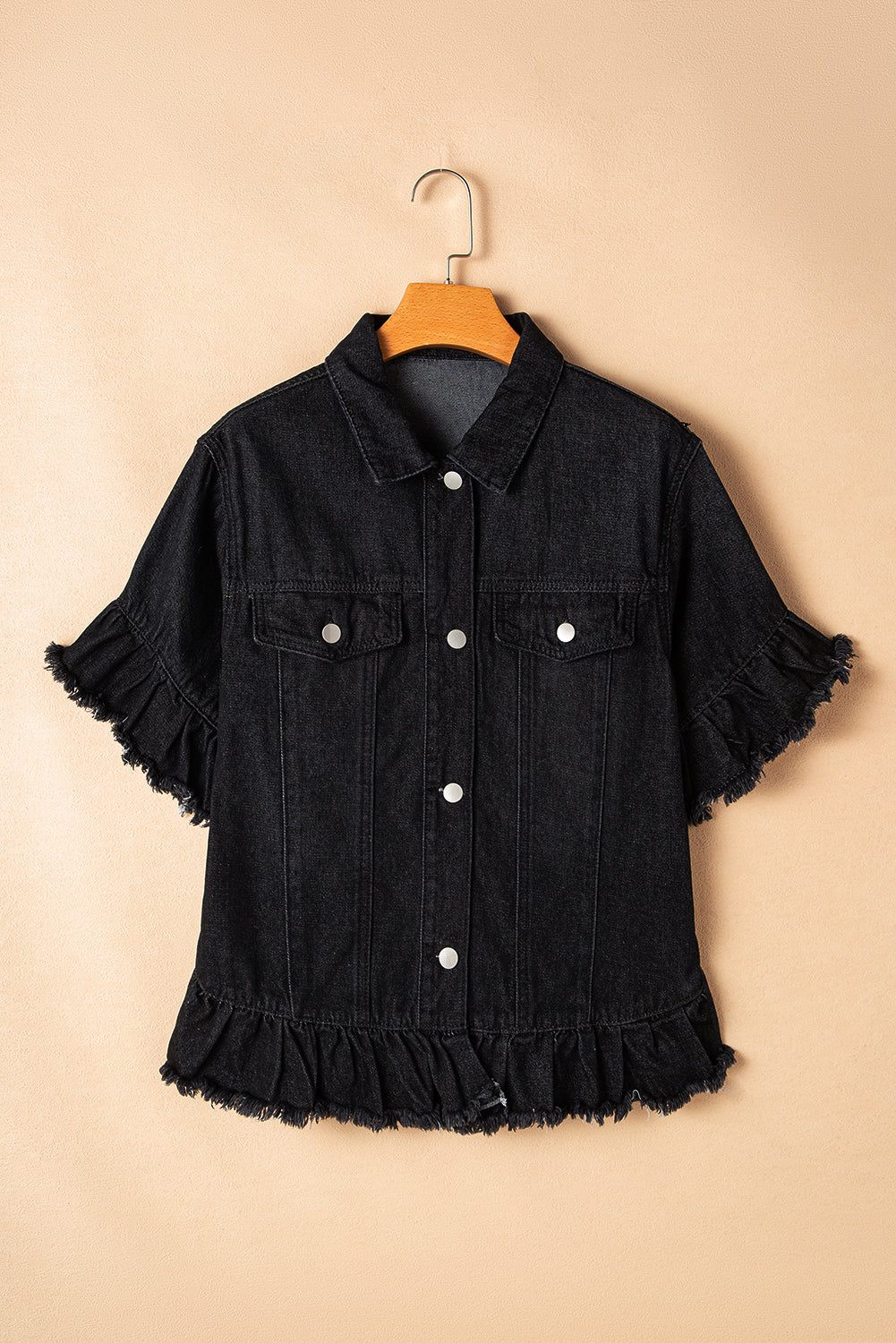 Black Raw Edge Ruffled Short Sleeve Denim Jacket - Glimmer Road 