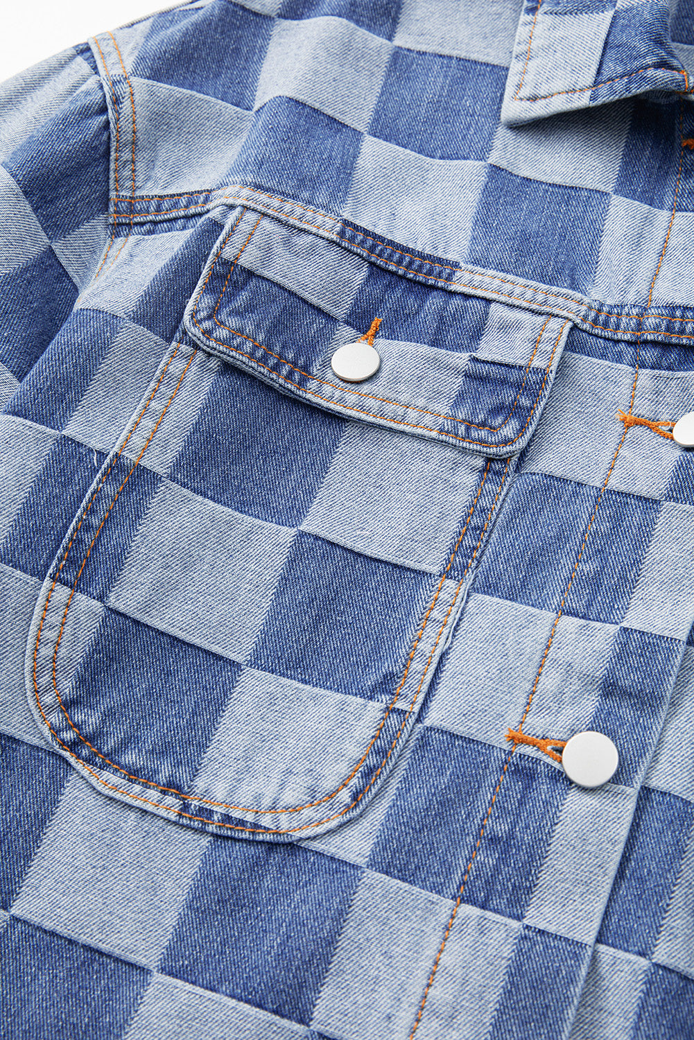 Light Blue Checkered Patchwork Button up Denim Jacket - Glimmer Road 