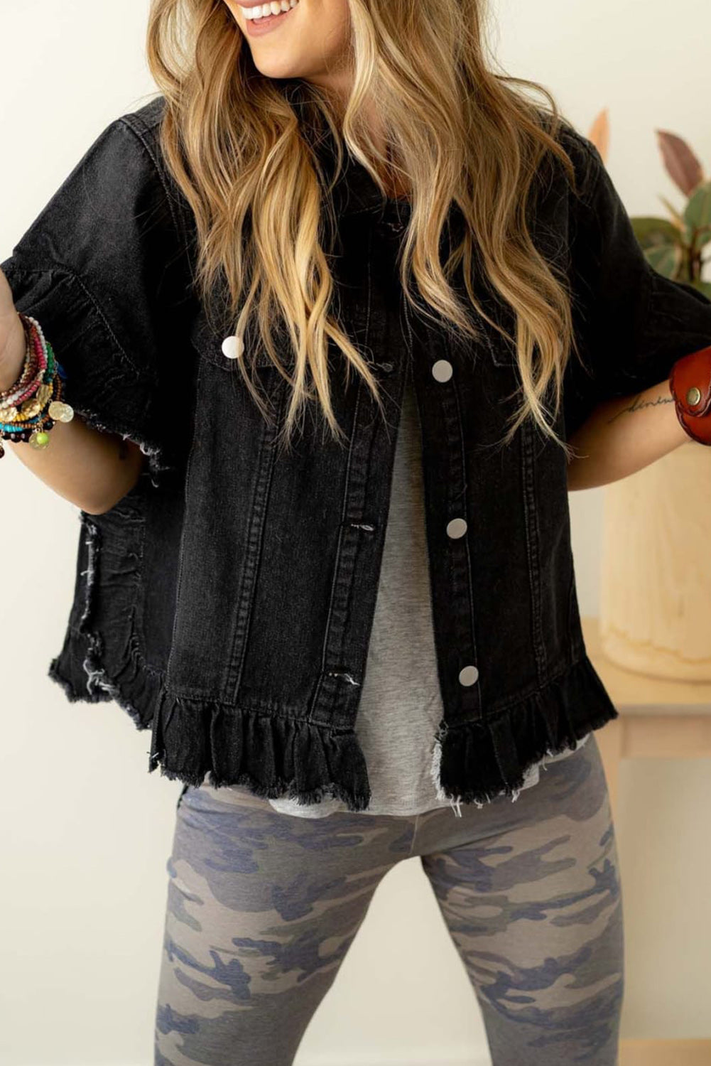 Black Raw Edge Ruffled Short Sleeve Denim Jacket - Glimmer Road 