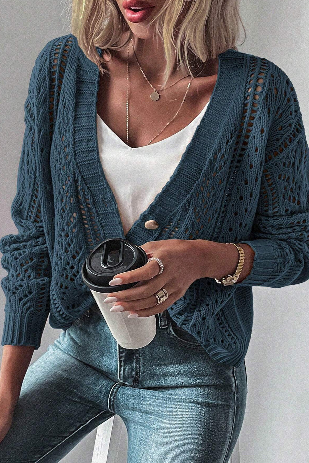 Real Teal Open Knit Drop Shoulder Sweater Cardigan - Glimmer Road 