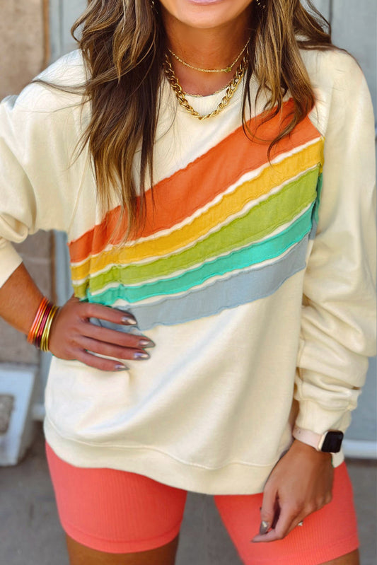 white Rainbow Raglan Sleeve Crew Neck Plus Size Sweatshirt