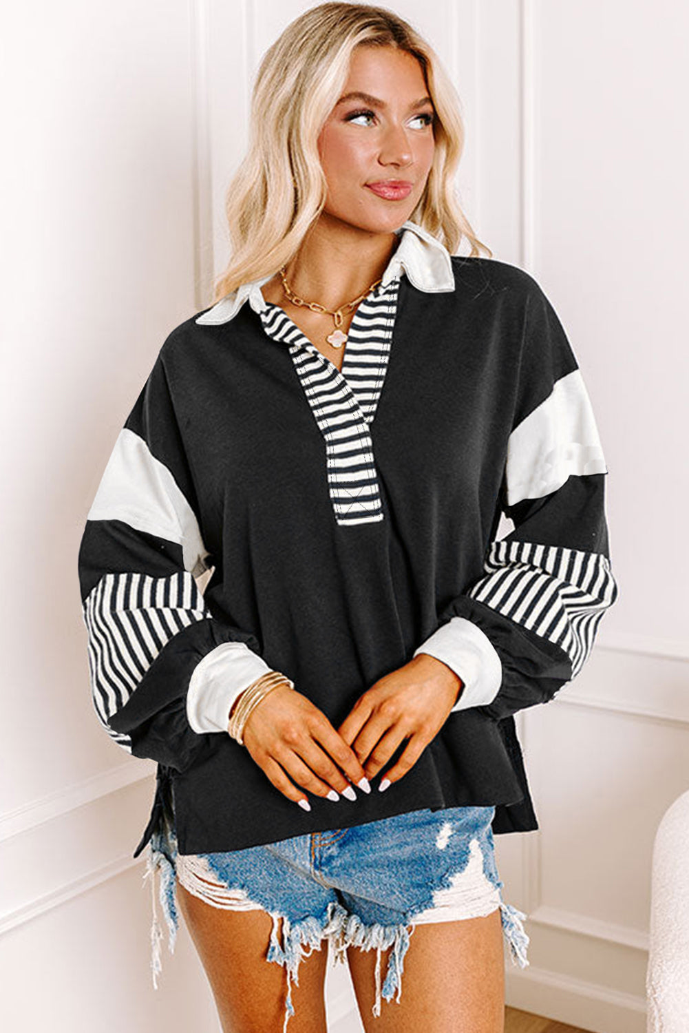 Black Striped Colorblock Patchwork Collar Sweatshirt - Glimmer Road 