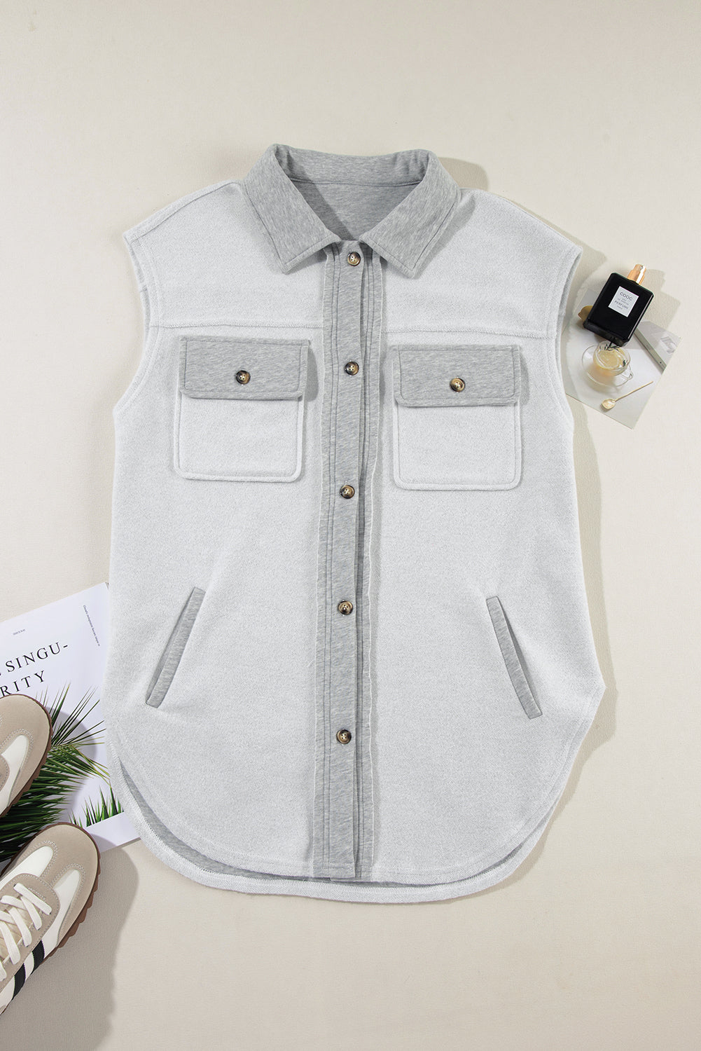 Light Grey Flap Pockets Contrast Buttons Front Jacket Vest