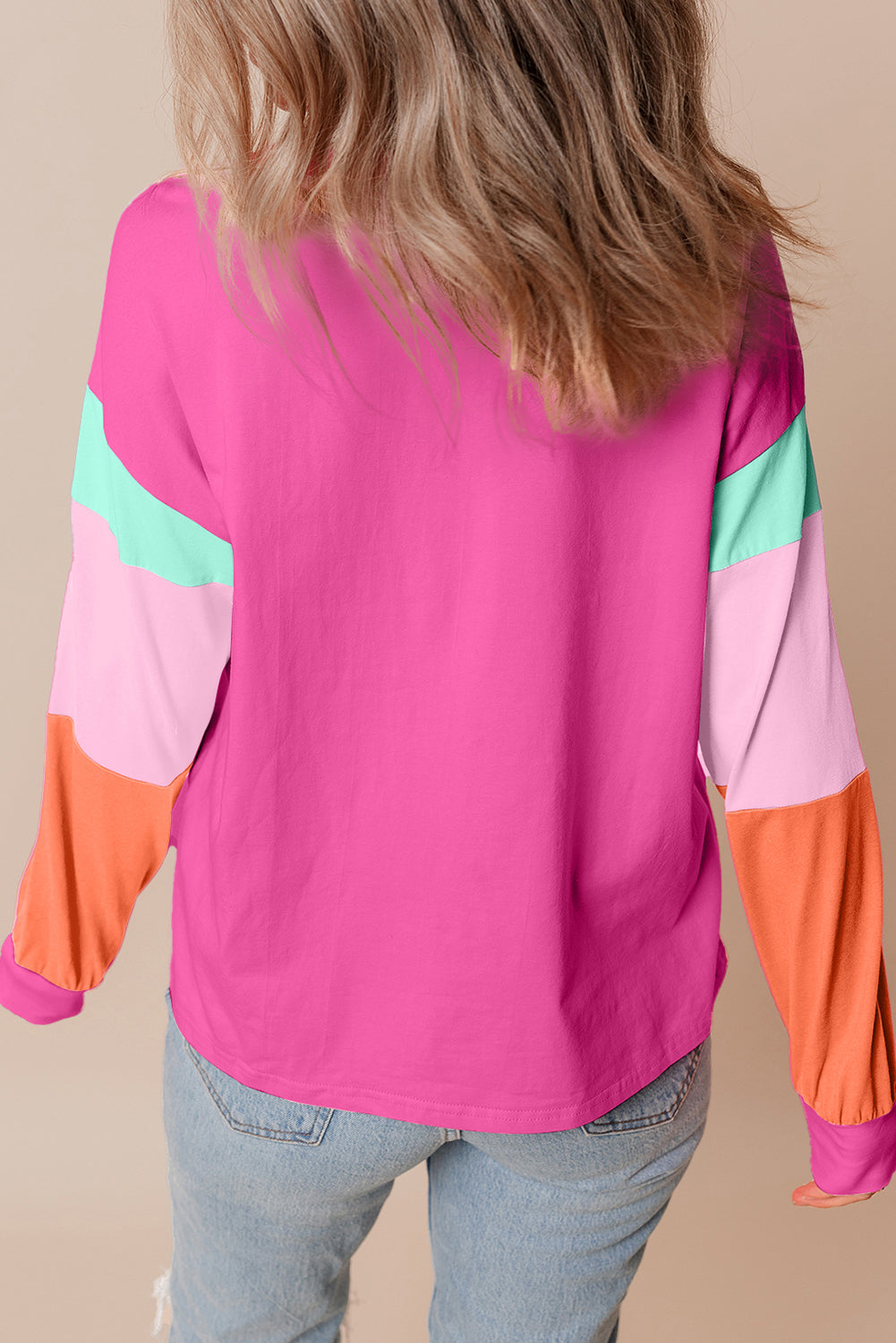 Rose Red Colorblock Patchwork Long Sleeve Loose Top - Glimmer Road 