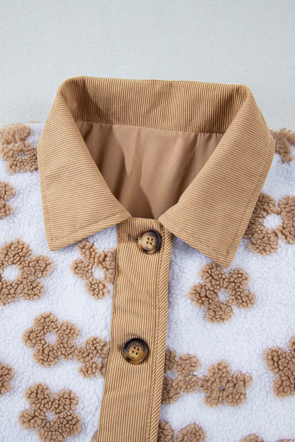 Light French Beige Cute Flower Pattern Button Up Fleece Jacket - Glimmer Road 