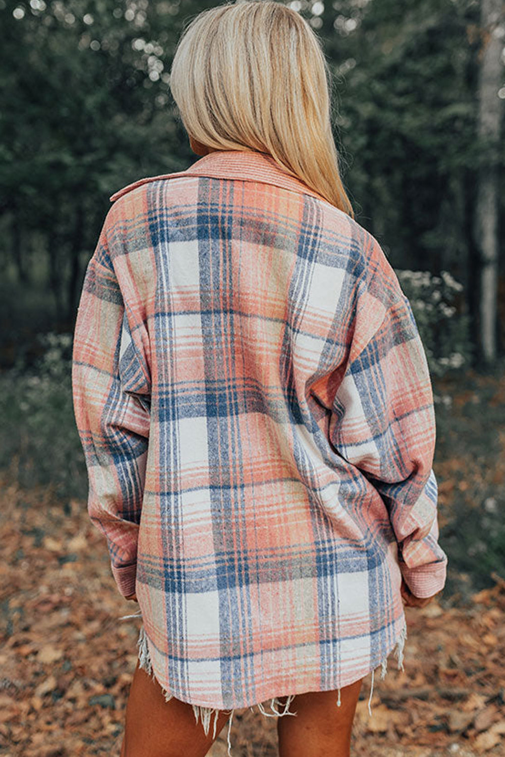 Light Pink Plaid Corduroy Patchwork Chest Pocket Shacket - Glimmer Road 