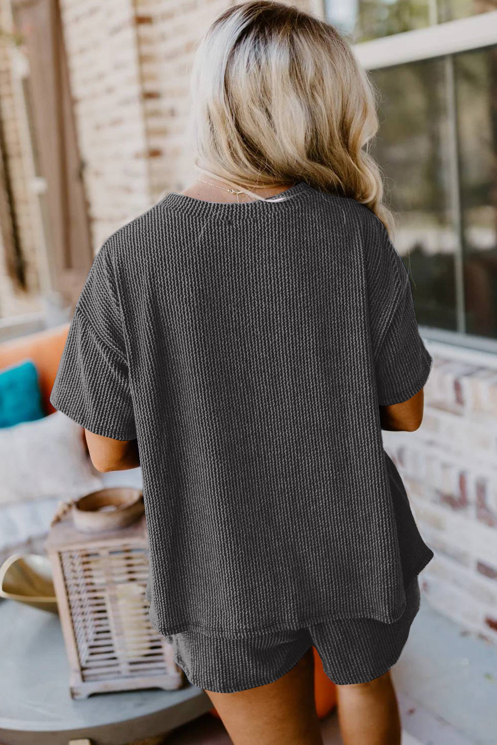 Carbon Grey Ribbed Textured Knit Loose Fit Tee and Shorts Set - Glimmer Road 