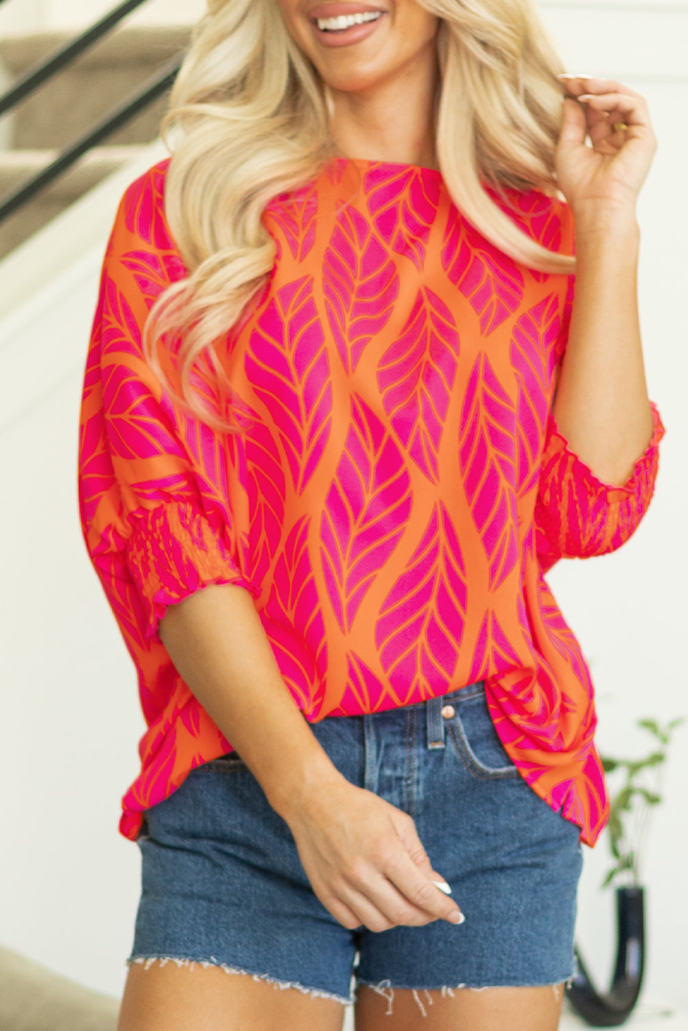 Rose Tropical Leaf Print Smocked Puff Sleeve Blouse - Glimmer Road 