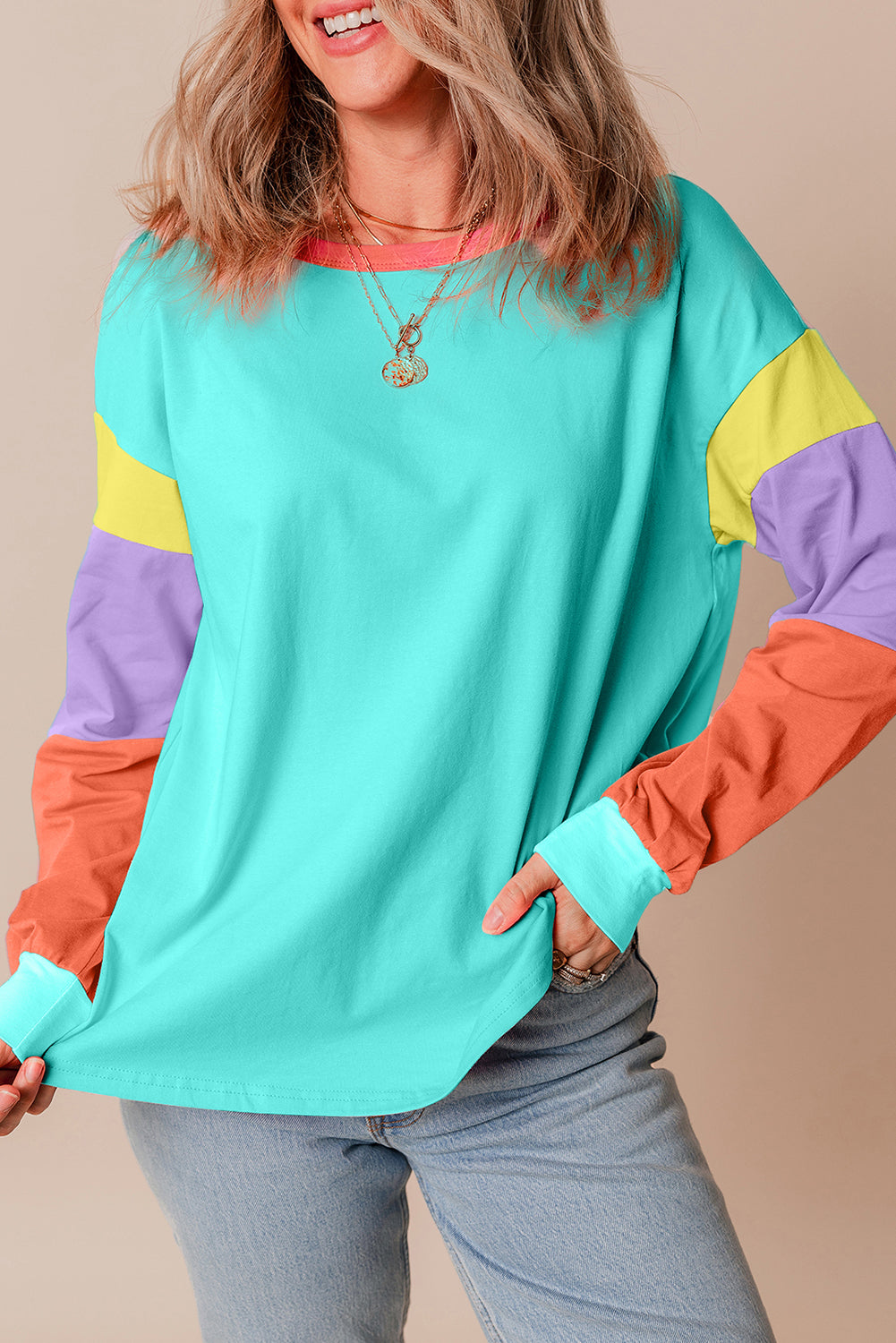 Light Blue Colorblock Patchwork Long Sleeve Loose Top - Glimmer Road 