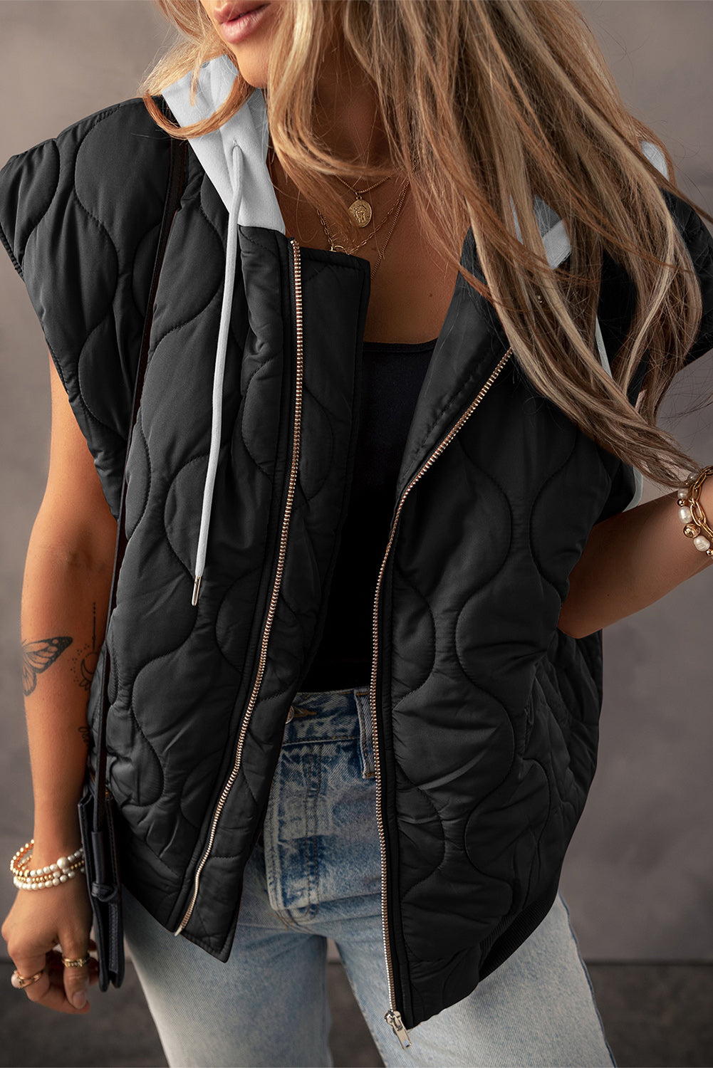 Black Quilted Drawstring Hooded Zip Up Puffer Vest - Glimmer Road 