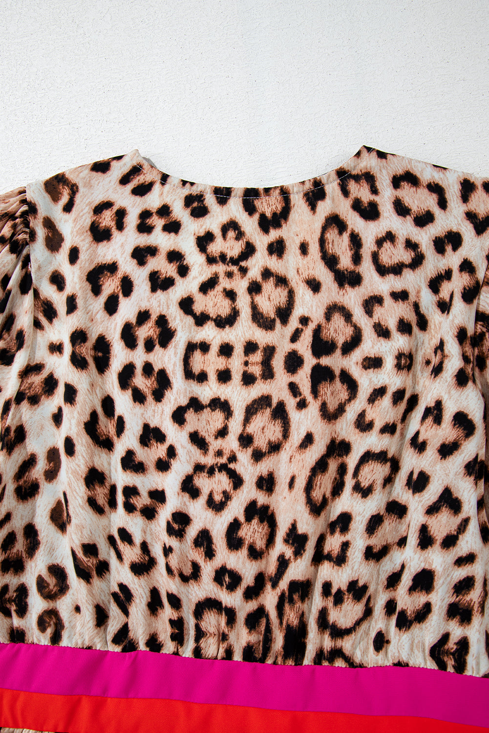 Khaki Cheetah Color Block V Neck Balloon Sleeve Babydoll Blouse - Glimmer Road 