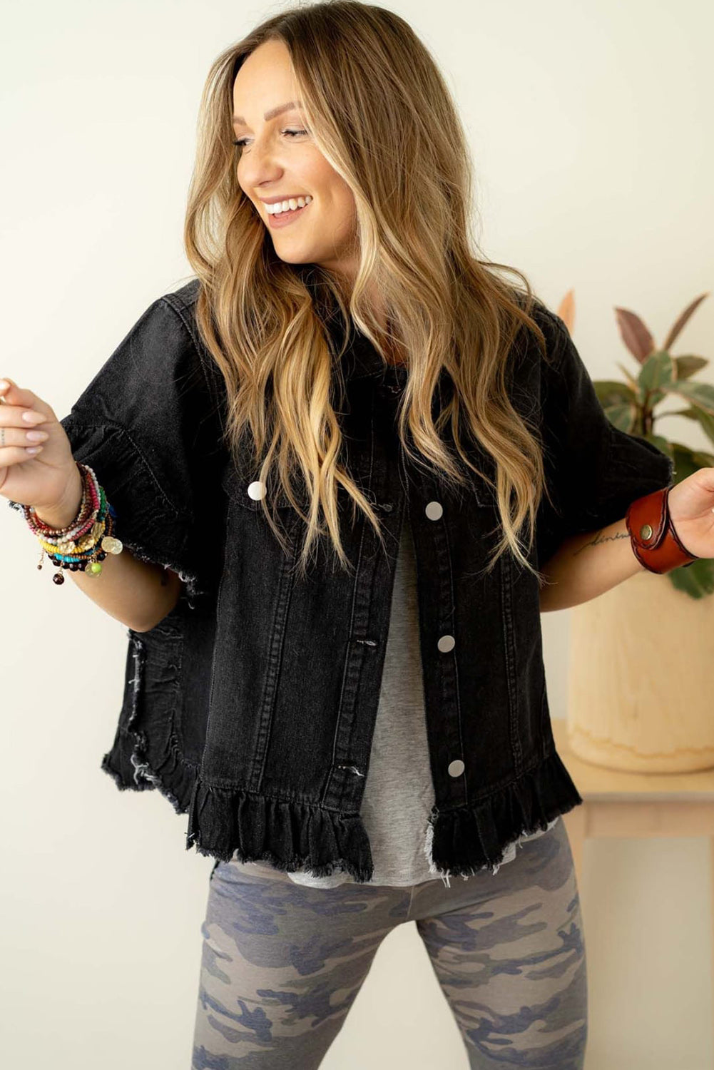 Black Raw Edge Ruffled Short Sleeve Denim Jacket - Glimmer Road 