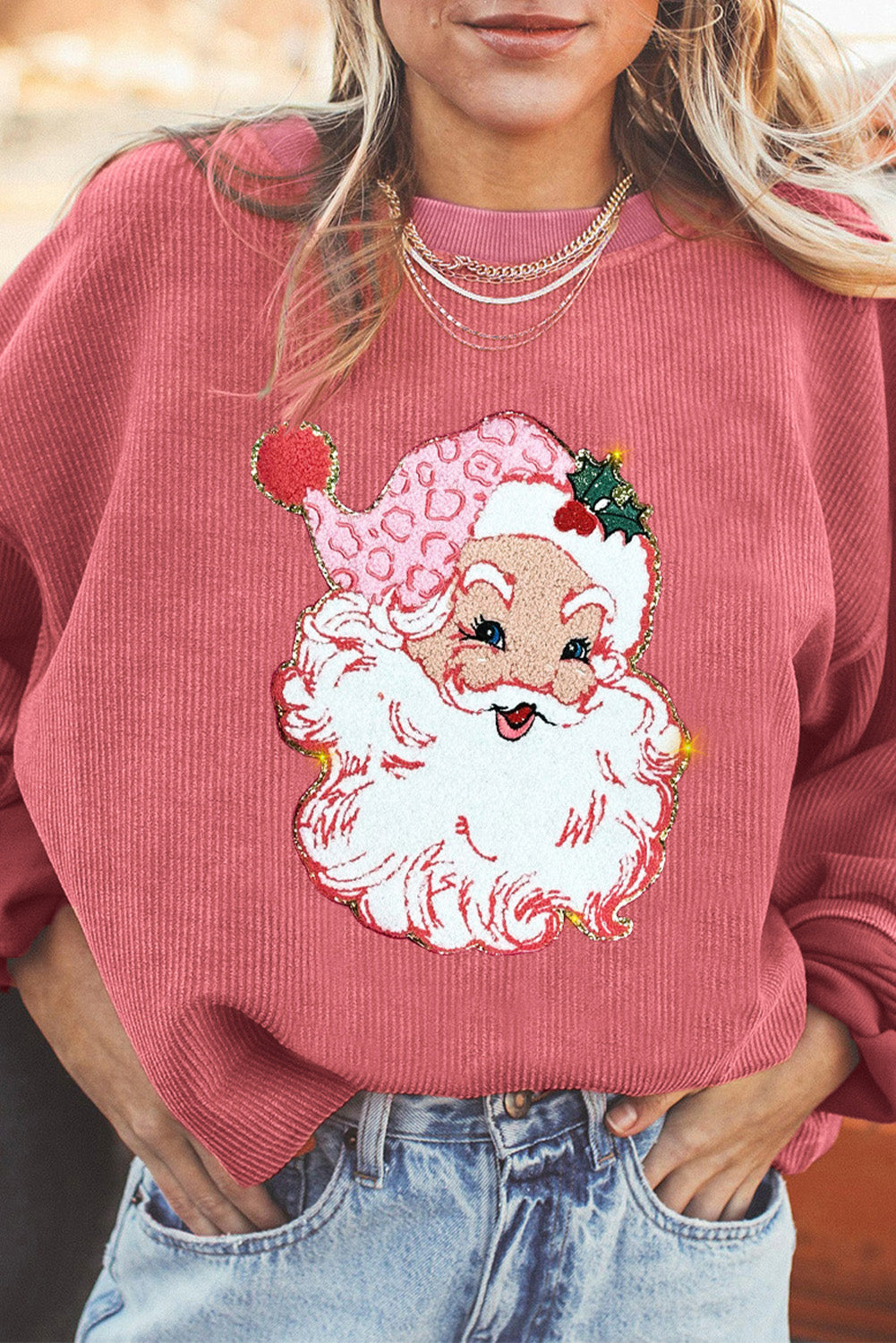 Strawberry Pink Santa Claus Sparkle Corded Crew Neck Sweatshirt - Glimmer Road 