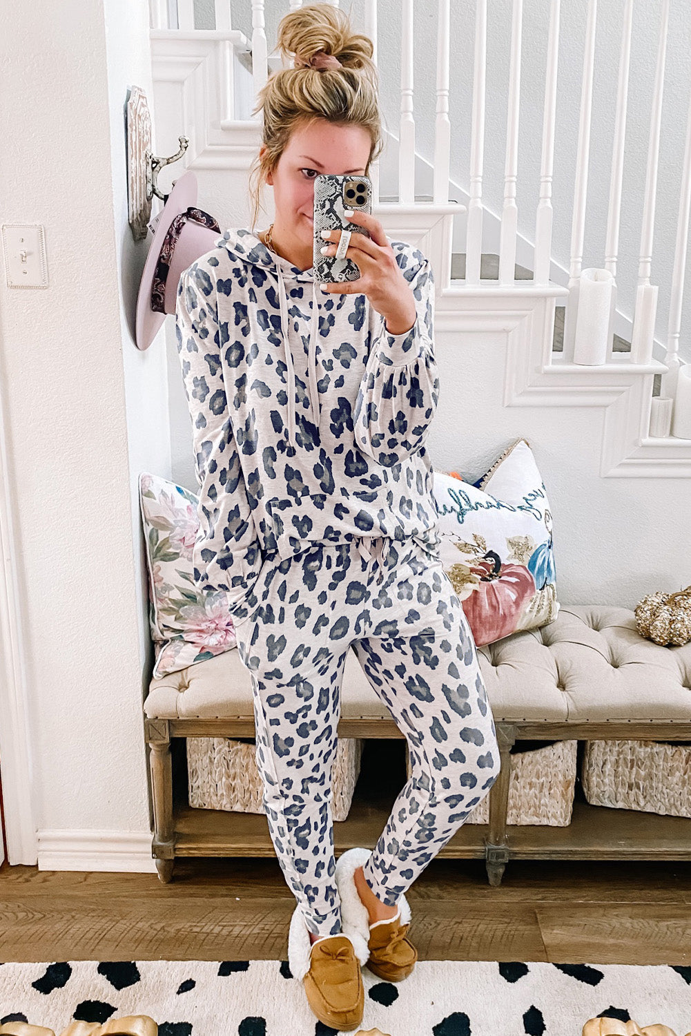 Khaki Leopard Print Drawstring Hoodie and Skinny Pants Lounge Set - Glimmer Road 