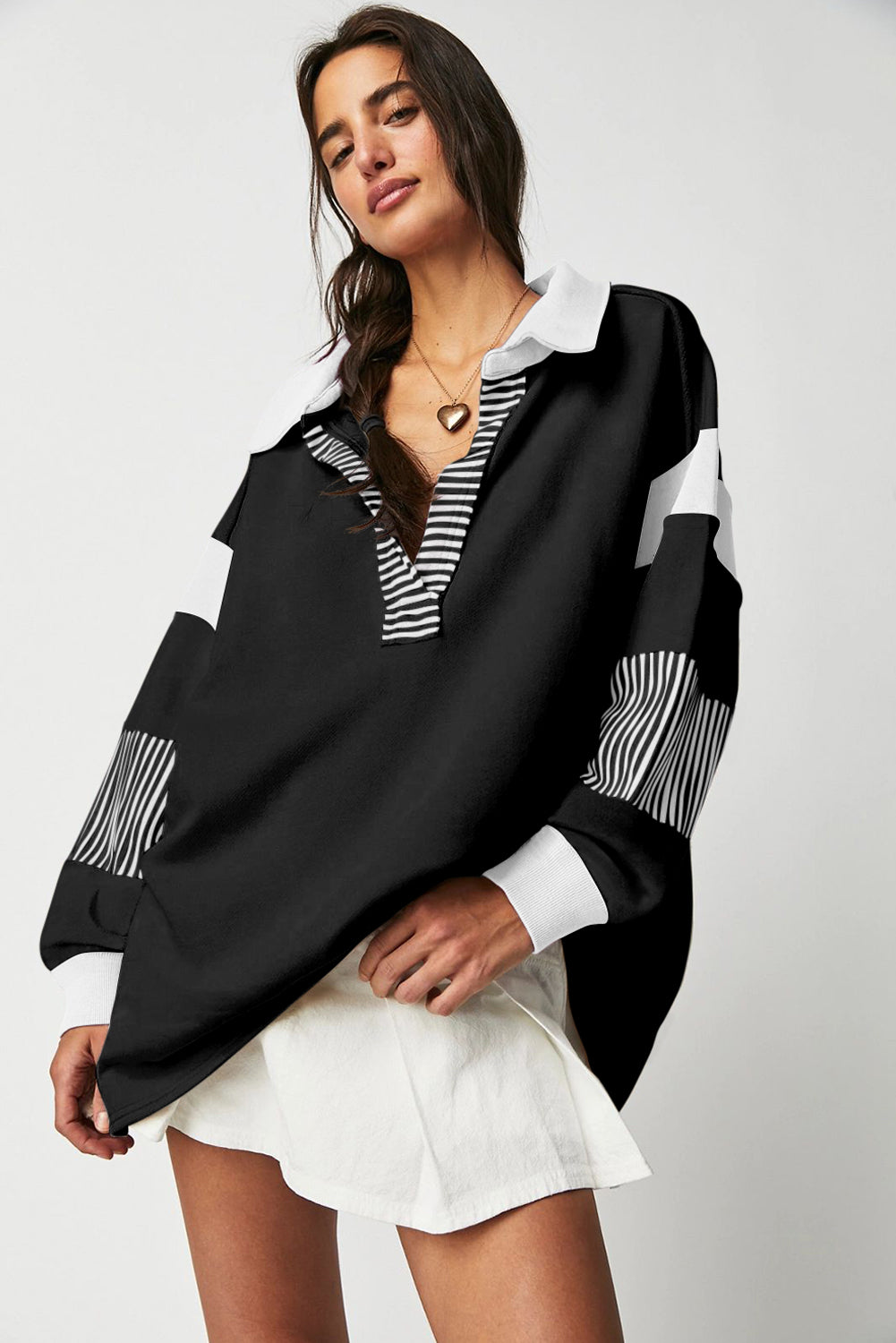 Black Striped Colorblock Patchwork Collar Sweatshirt - Glimmer Road 