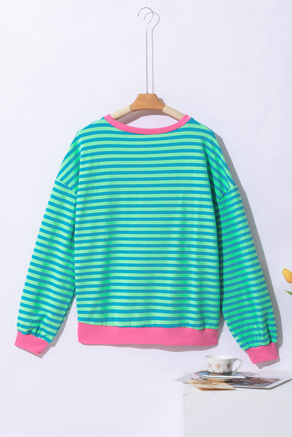 Sky Blue Stripe Oversized Contrast Trim Pullover Sweatshirt - Glimmer Road 