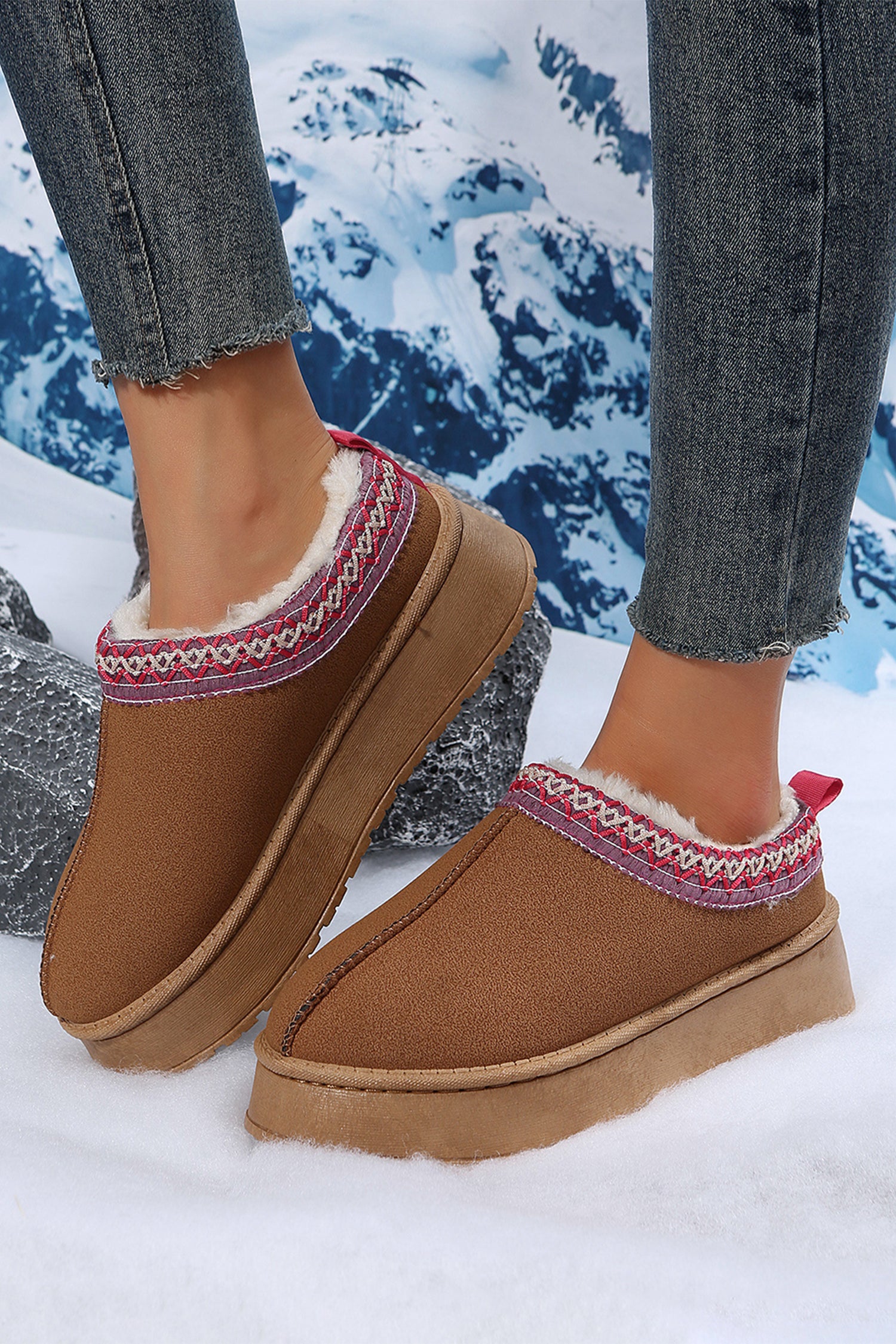 Chestnut Contrast Print Suede Plush Lined Snow Boots - Glimmer Road 