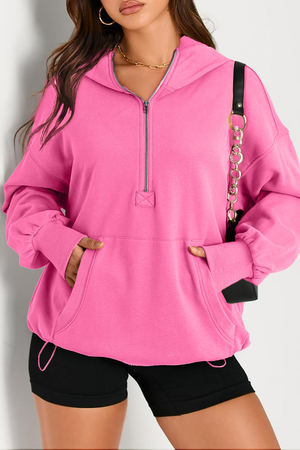 Light Grey Solid Kangaroo Pocket Half Zipper Oversized Hoodie - Glimmer Road 
