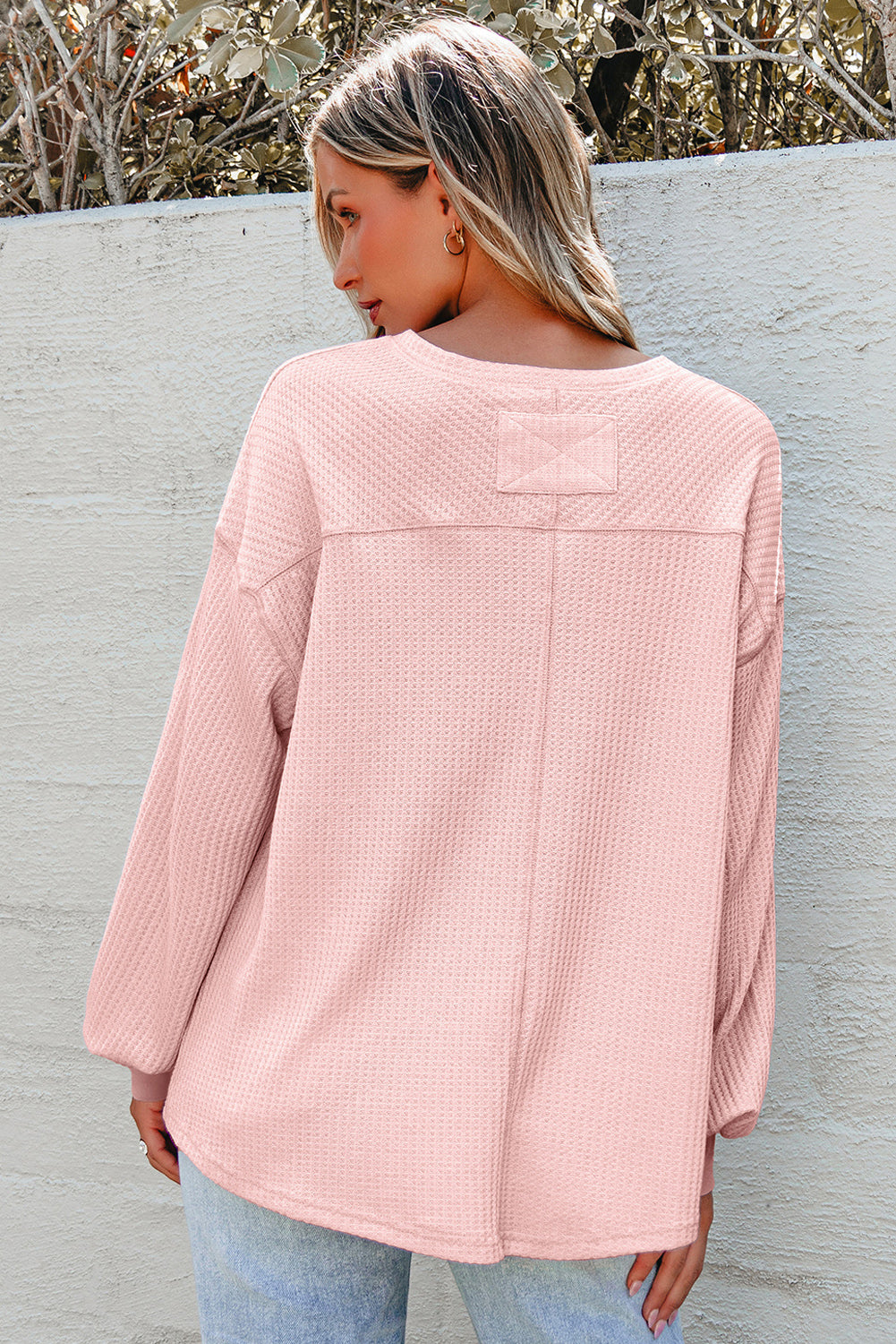 Bright Pink Waffle V Neck Long Sleeve Drop Shoulder Loose Blouse