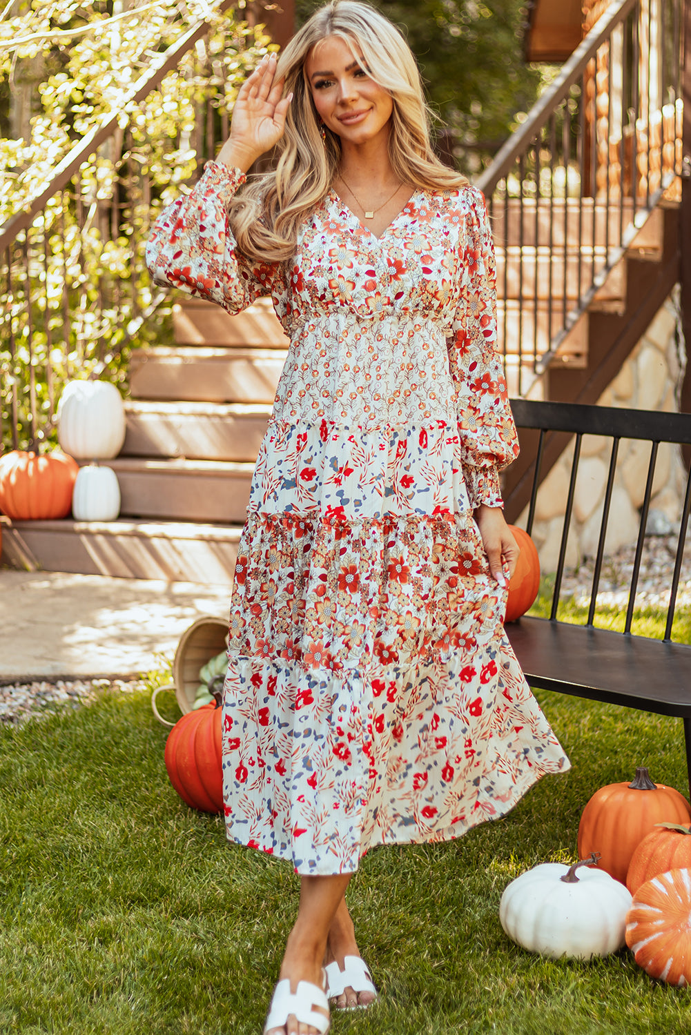 Khaki Floral Print Ruffled Tiered Long Sleeve V Neck Midi Dress - Glimmer Road 