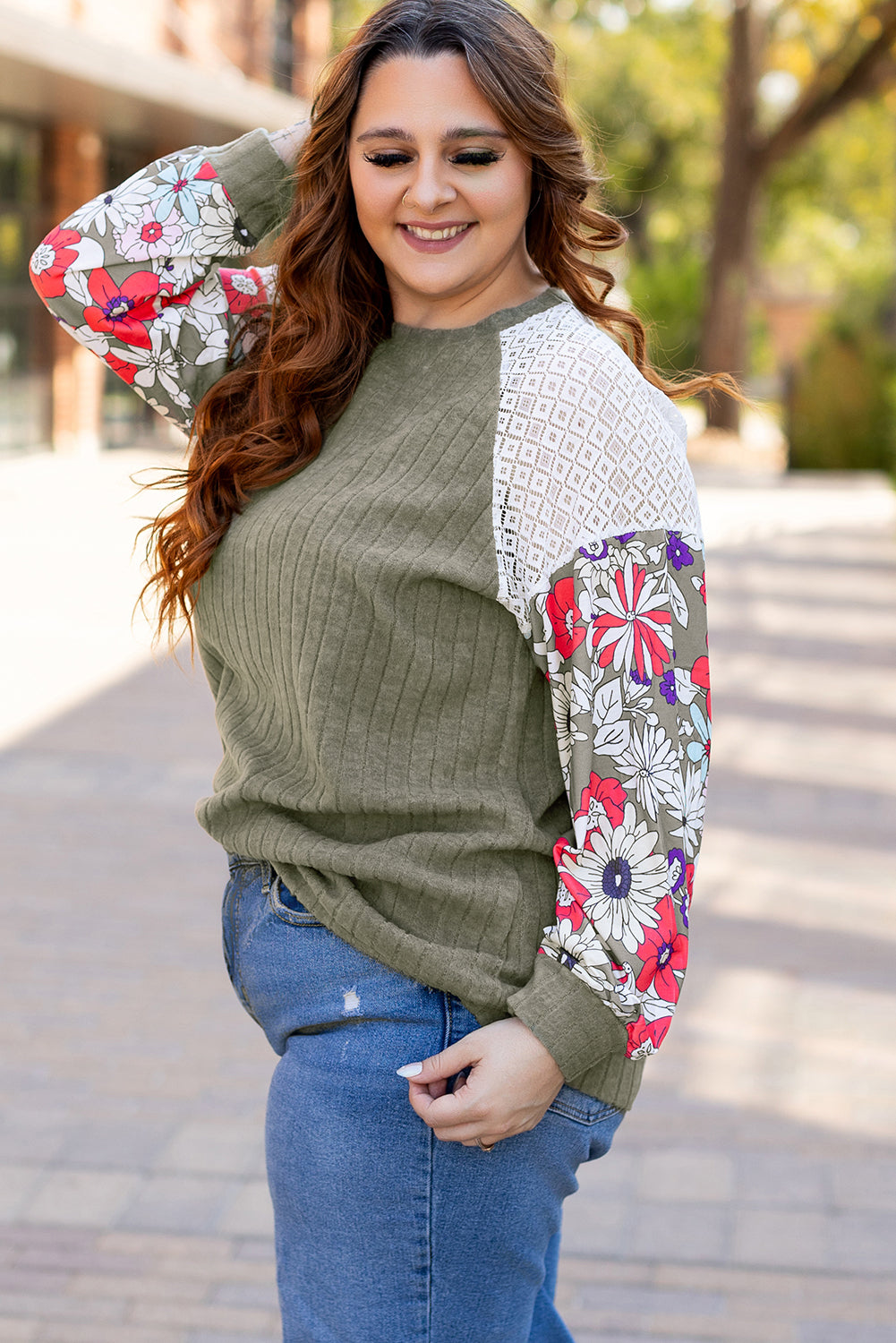 Vineyard Green Plus Size Textured Floral Patchwork Raglan Sleeve Blouse - Glimmer Road 