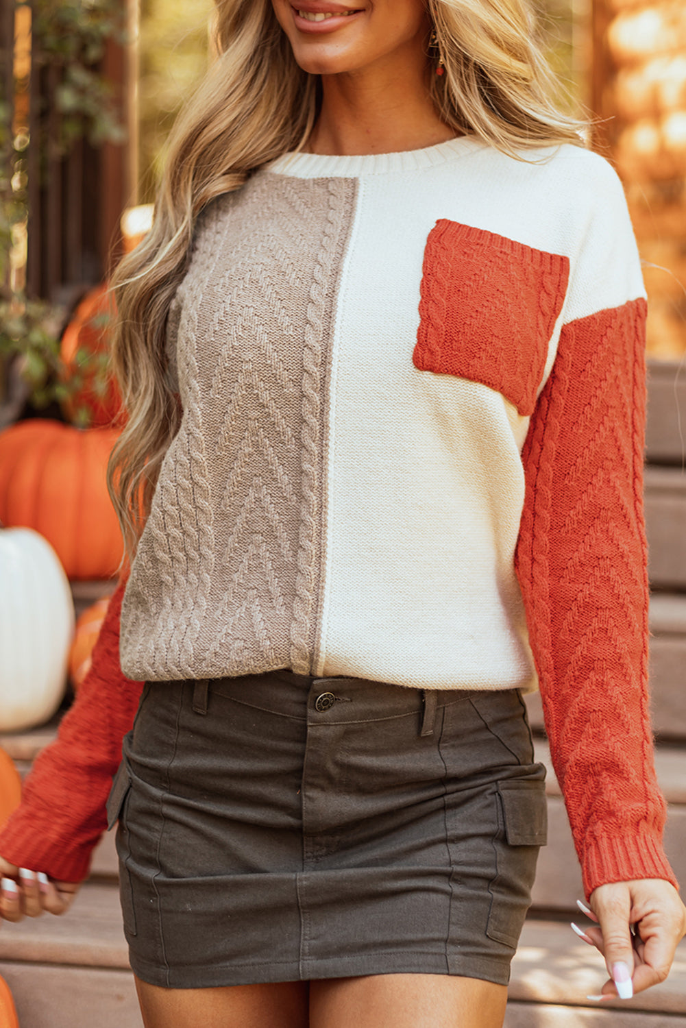 Gold Flame Colorblock Patched Pocket Drop Shoulder Sweater - Glimmer Road 