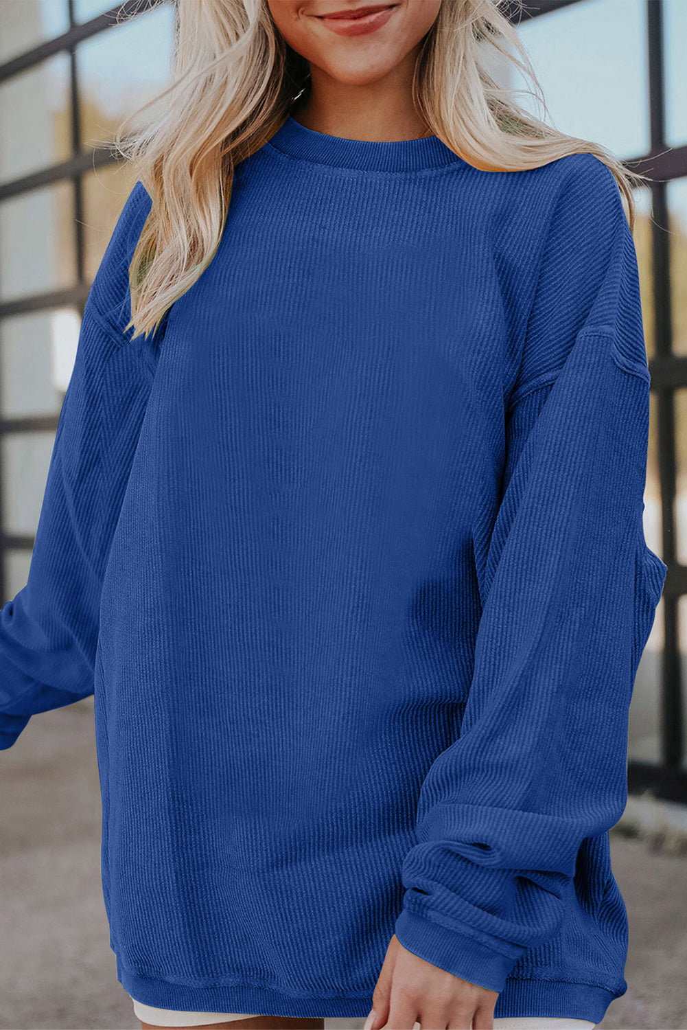 Dark Blue Ribbed Corduroy Oversized Sweatshirt - Glimmer Road 