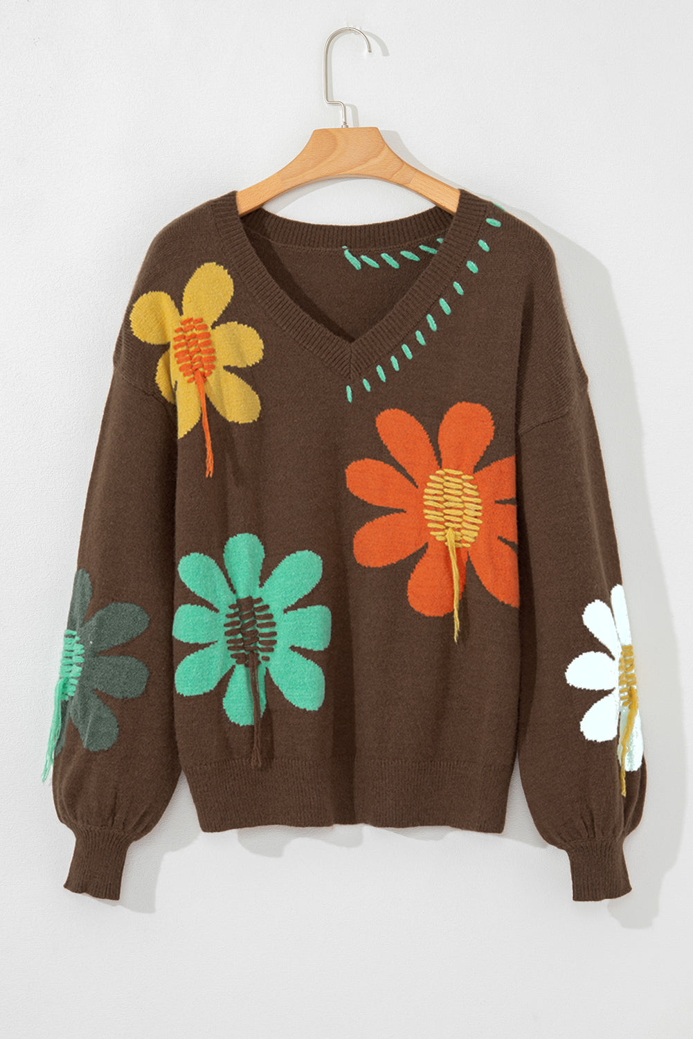 White Big Flower Pattern V Neck Drop Shoulder Sweater