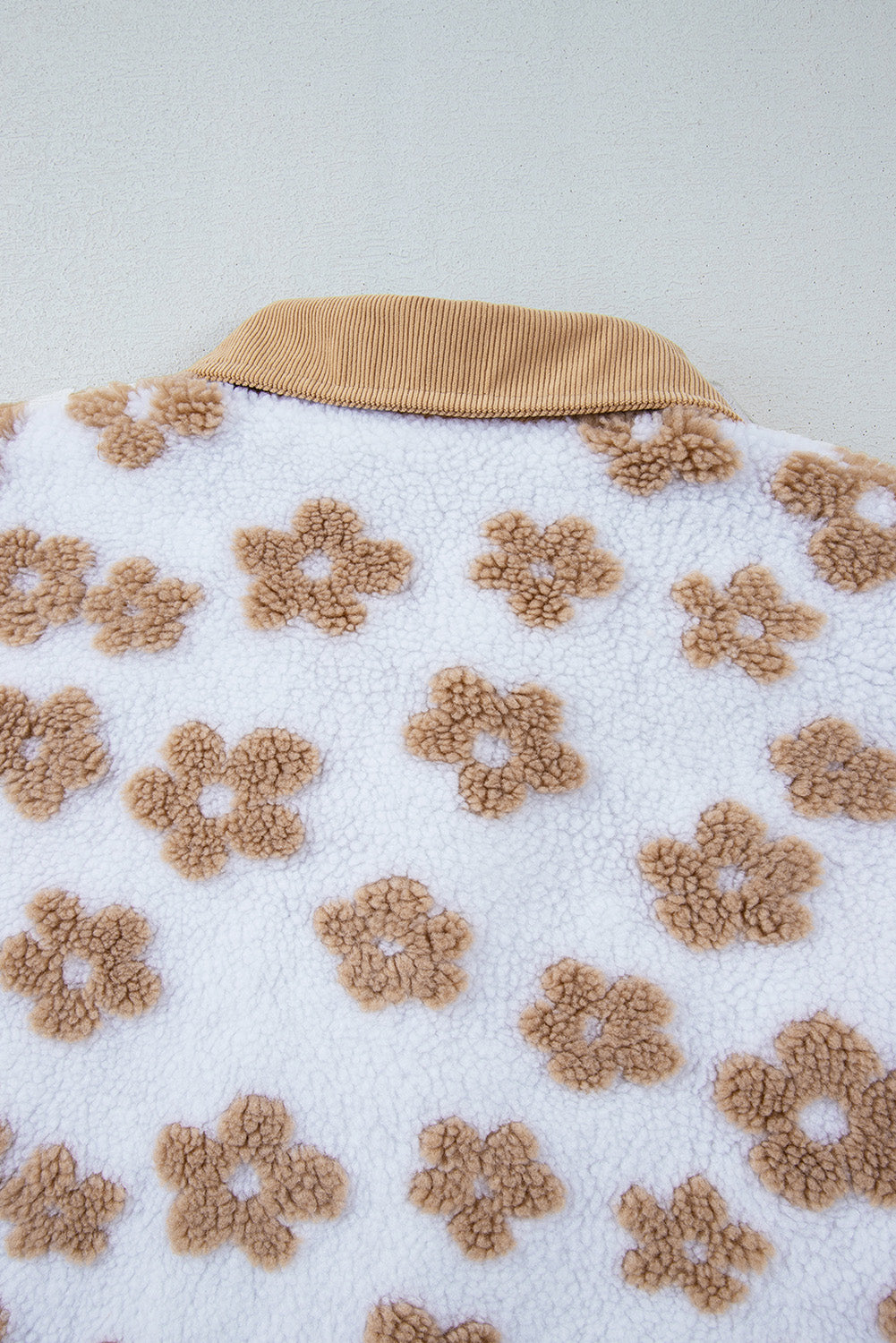 Light French Beige Cute Flower Pattern Button Up Fleece Jacket - Glimmer Road 